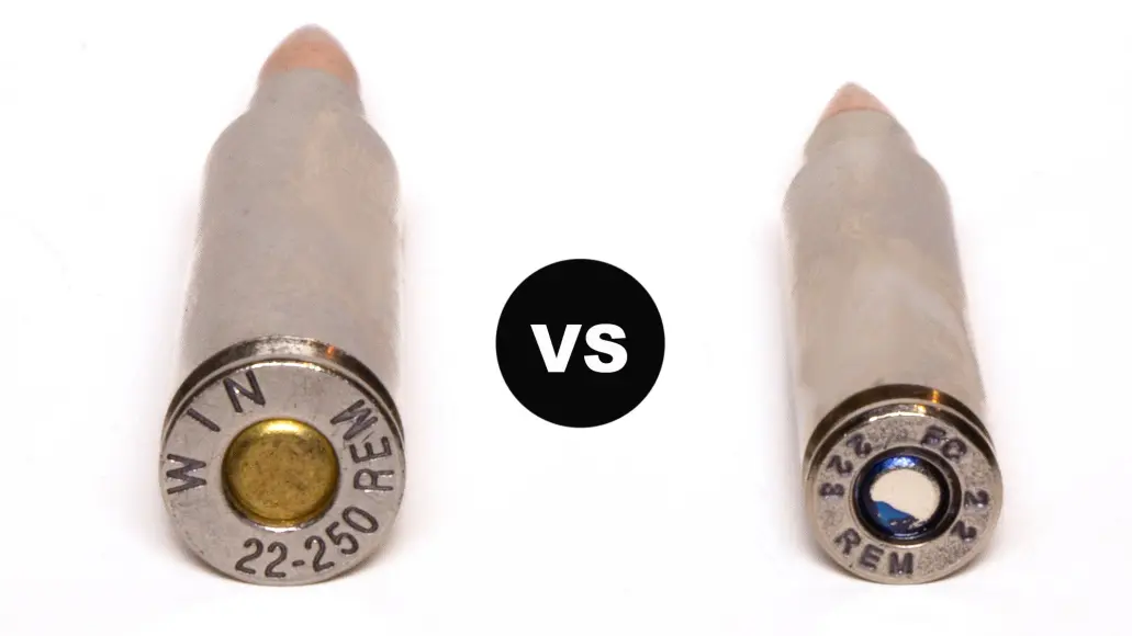 22-250 cartridge on left, 223 cartridge on right, with "vs" symbol in middle