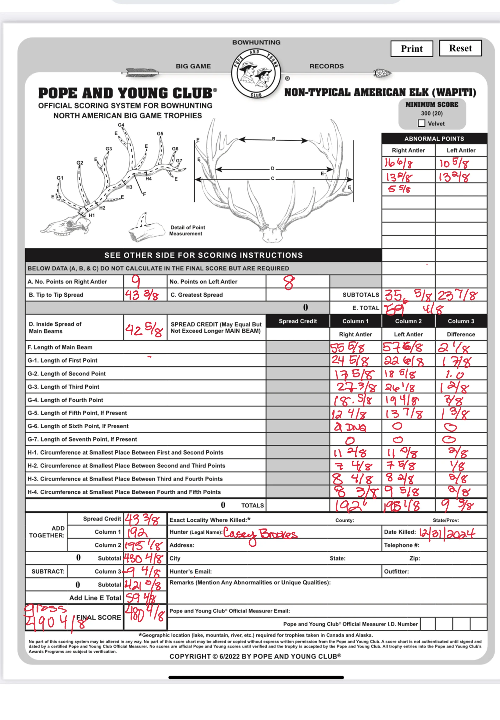 Beau Brooks shared photos of the bull's Pope & Young score sheet. 