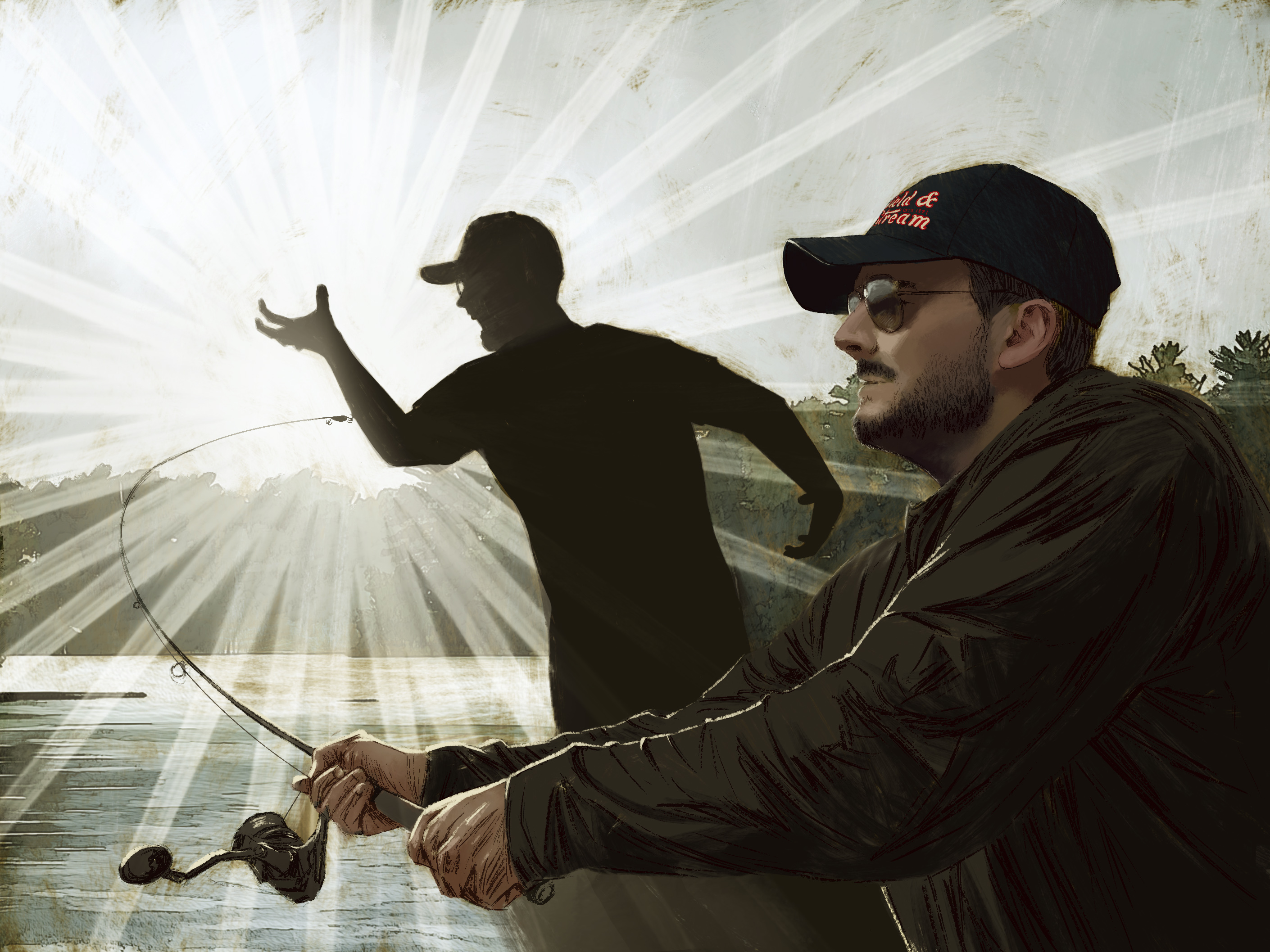 artwork of a fisherman hooking a person in the arm with a lure