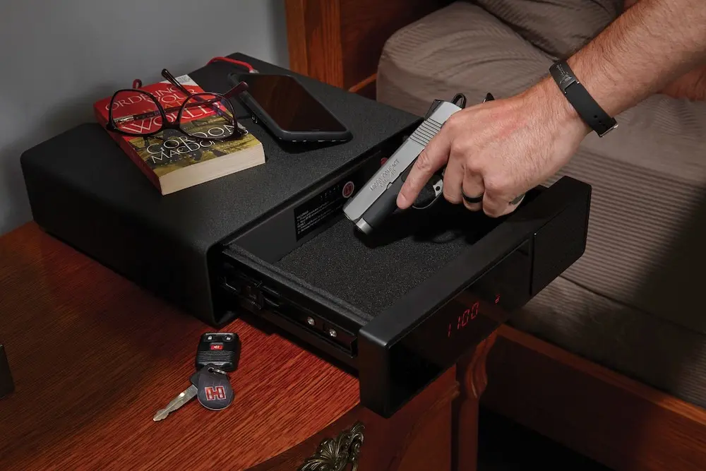 Interior of Hornady Rapid Safe Night Guard Handgun Safe with pistol