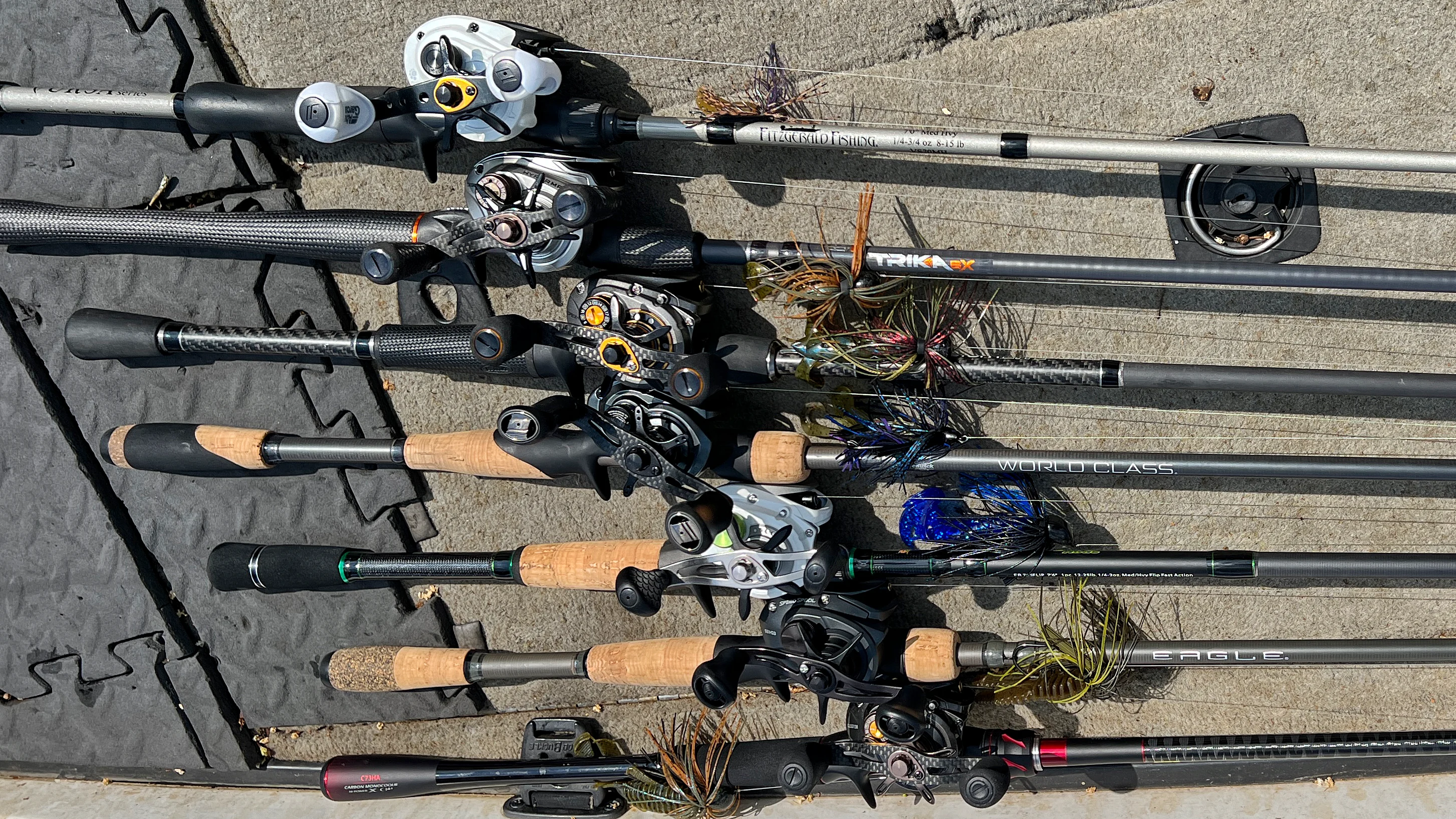 Bass rods on deck of boat