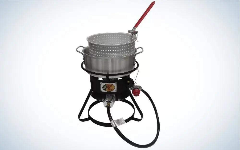 Aluminum, propane outdoor deep fryer with lightweight strainer basket