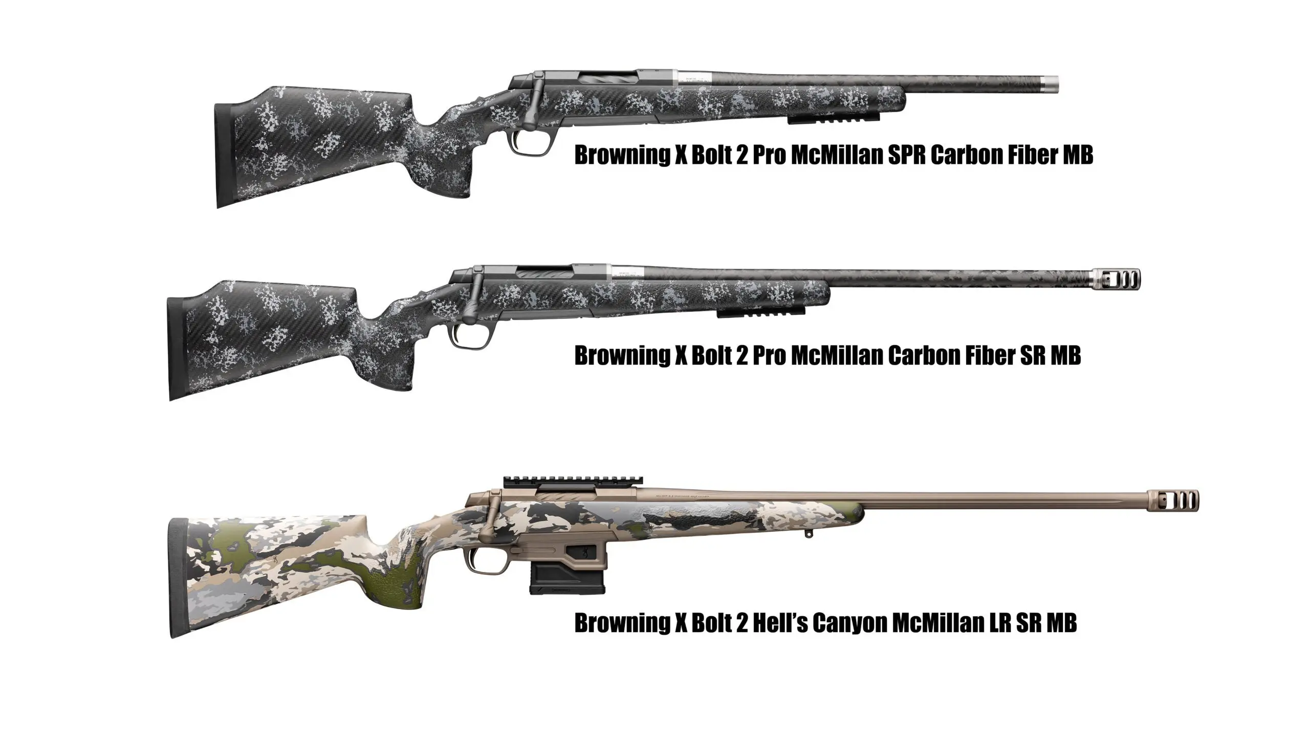 Three versions of the new Browning X Bolt 2 McMillan Stocked rifle on white background