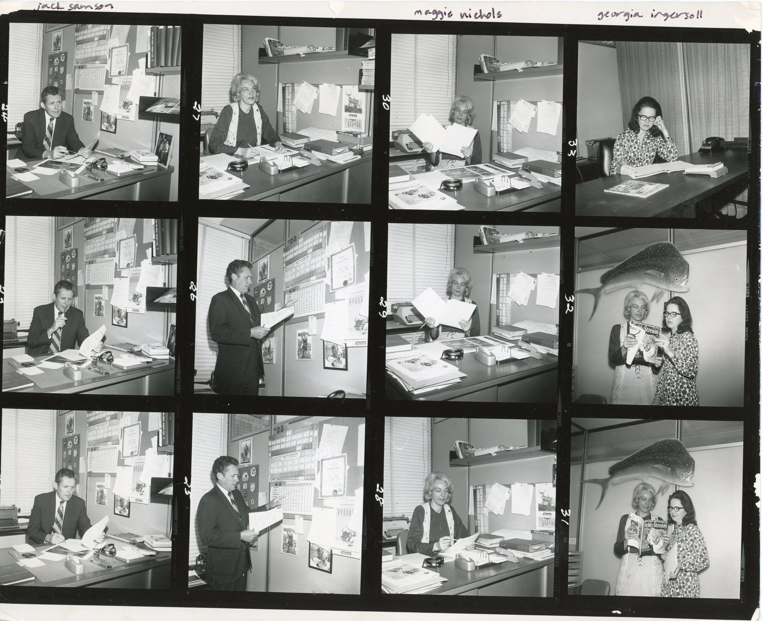 A contact sheet of photos taken from the Field &amp; Stream offices in the 70s.