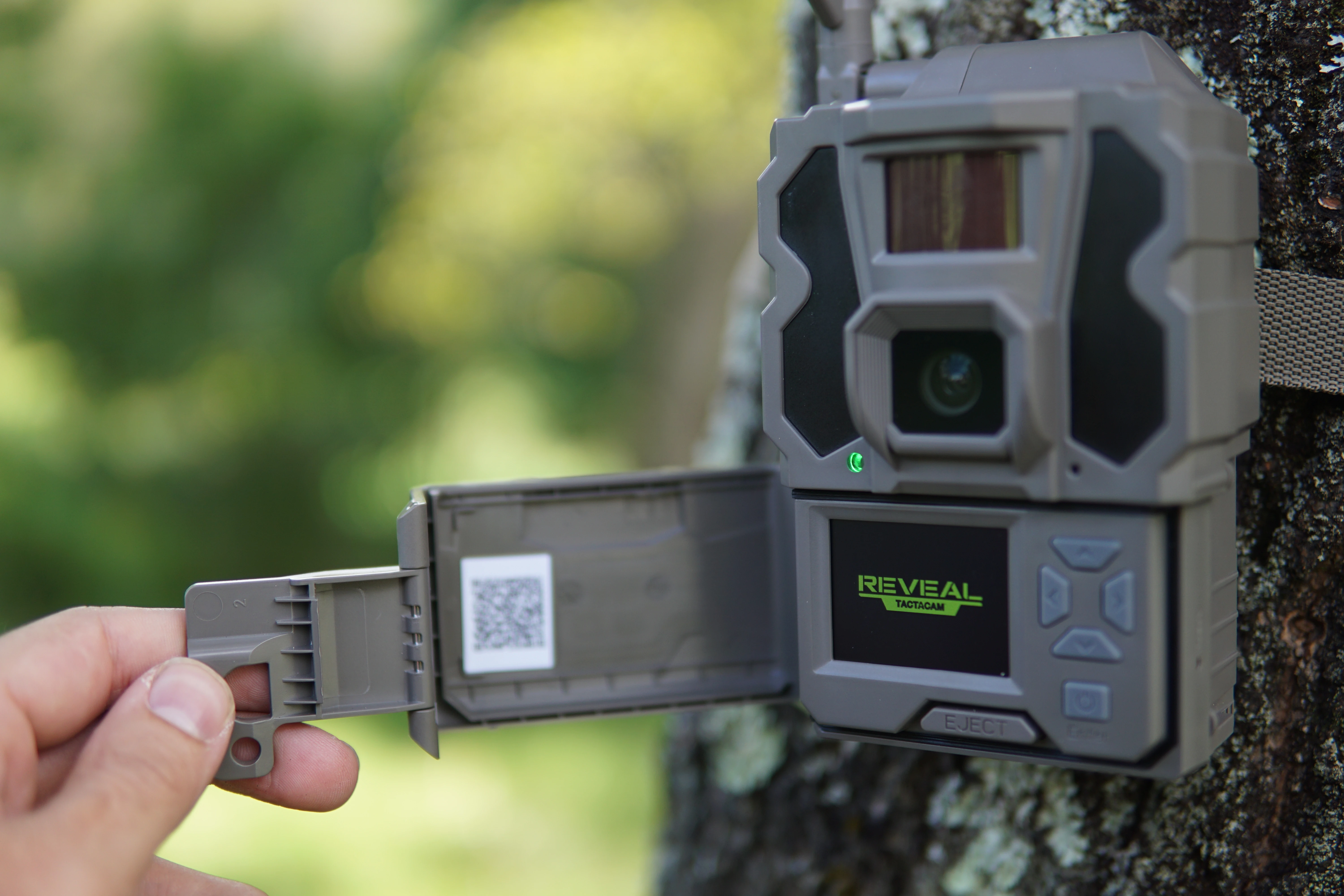 Tactacam trail camera strapped to a tree with control door open