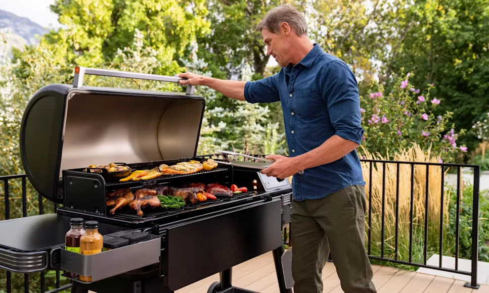 Dad grilling on Traeger pellet grill and smoker for Father's Day