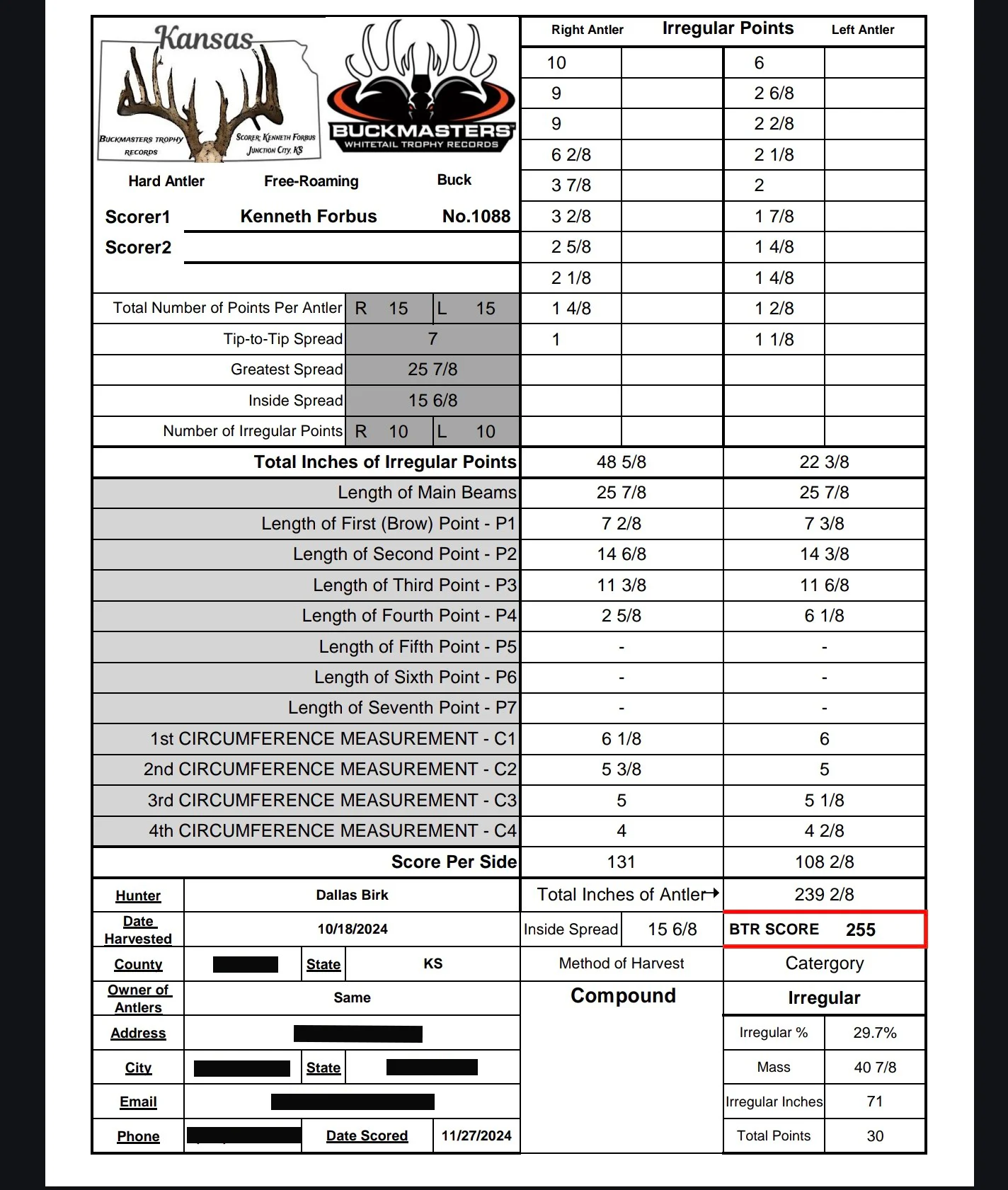 A Buckmasters score sheet for a trophy Kansas whitetail buck. 