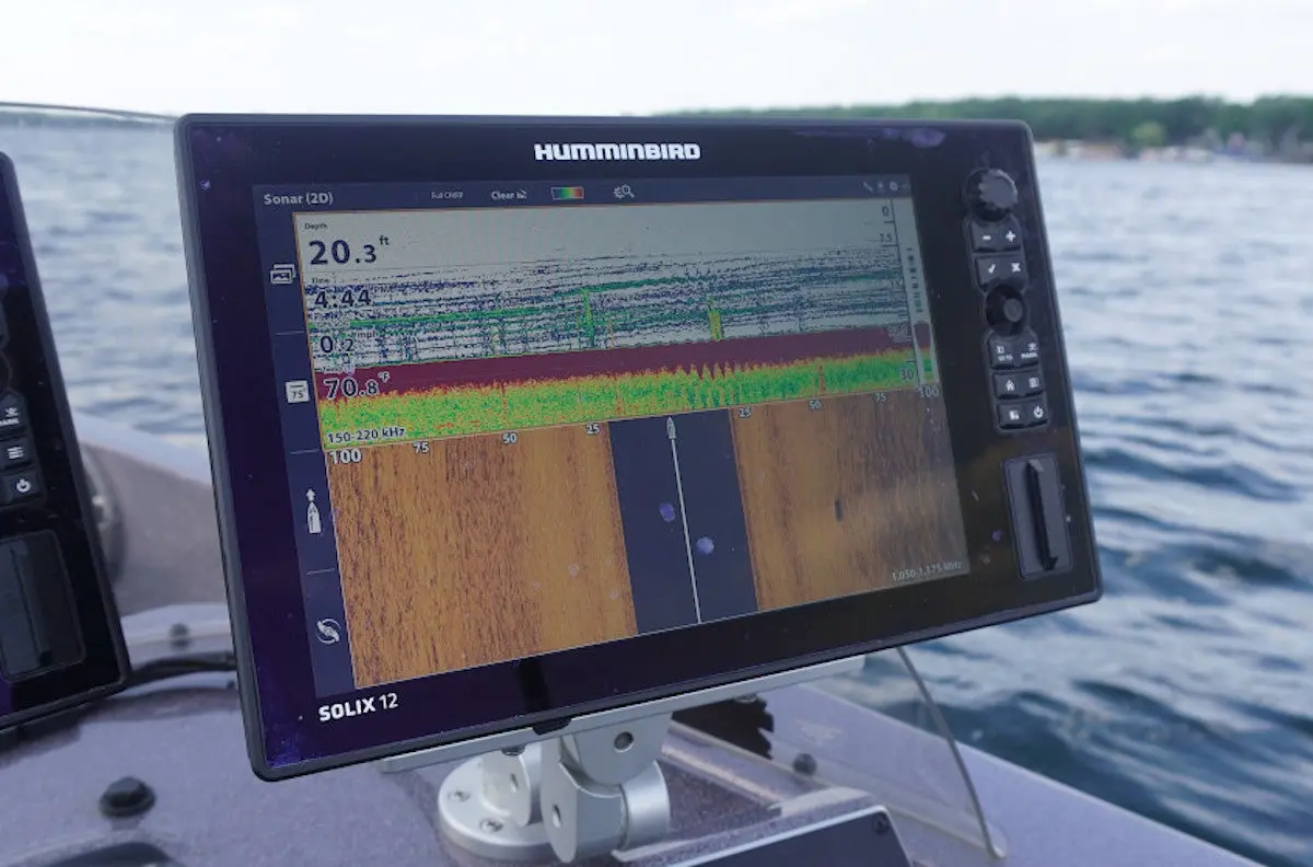 Humminbird Solix 12 fish finder mounted on front of boat