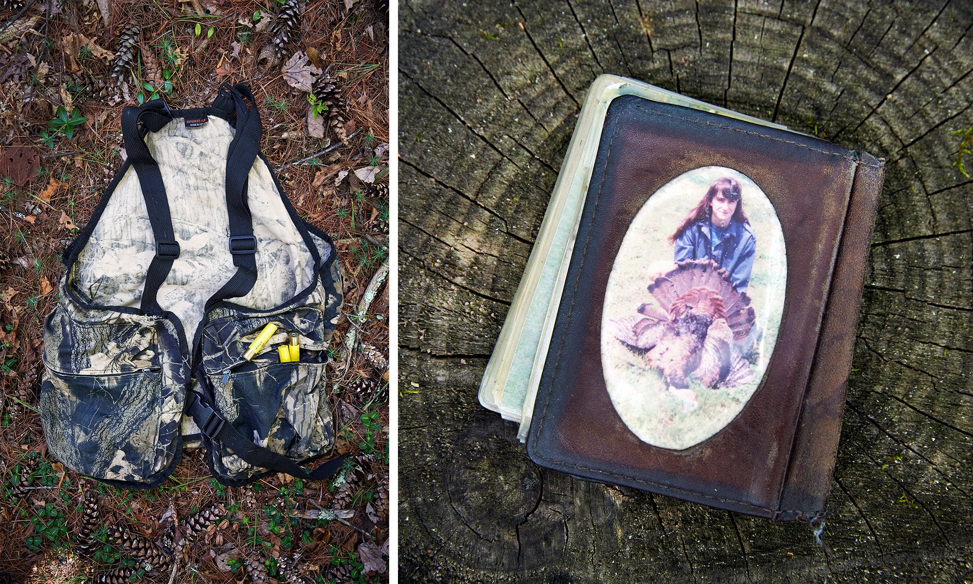 A turkey vest sitting on the ground and a wallet with a photo of a woman posting with a turkey
