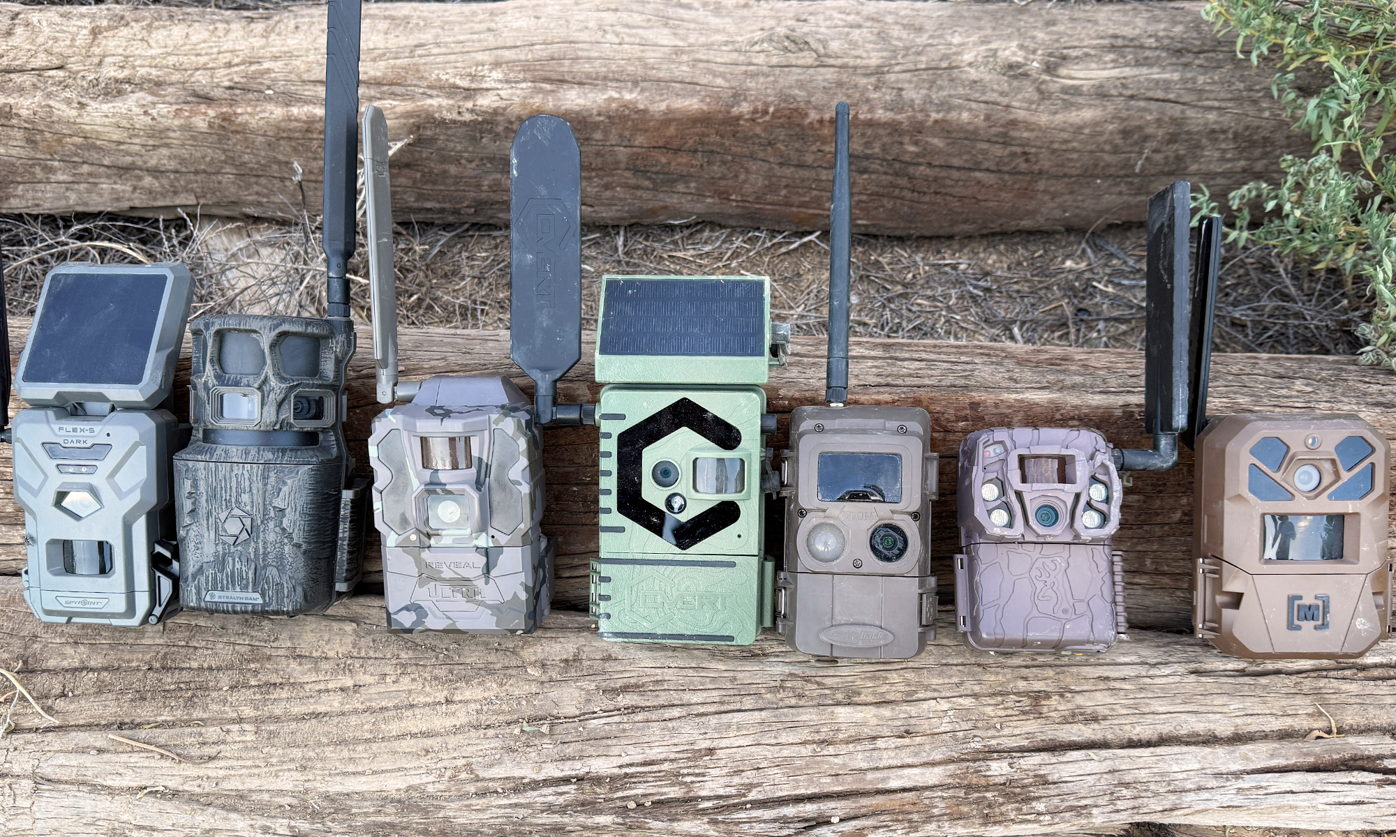 Six new cellular trail camera line up on a log. 