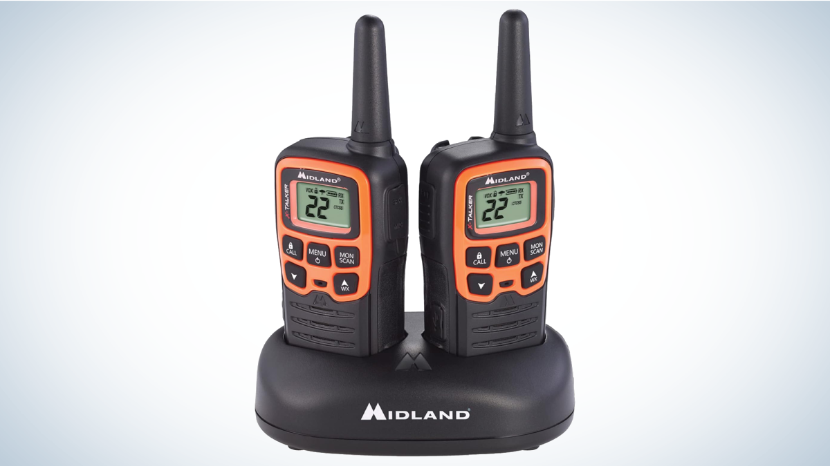 Midland T51VP3 X-Talker Walkie Talkies on gray and white background