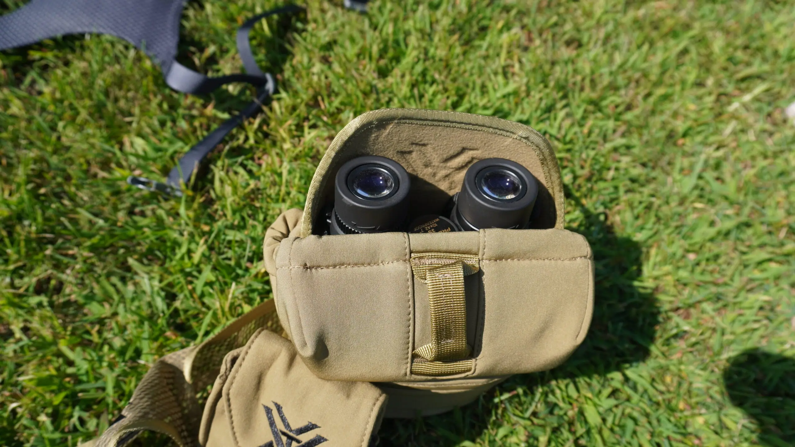 Binocular harness carrying a set of Nikon Pro Staff 10×42 binoculars. 