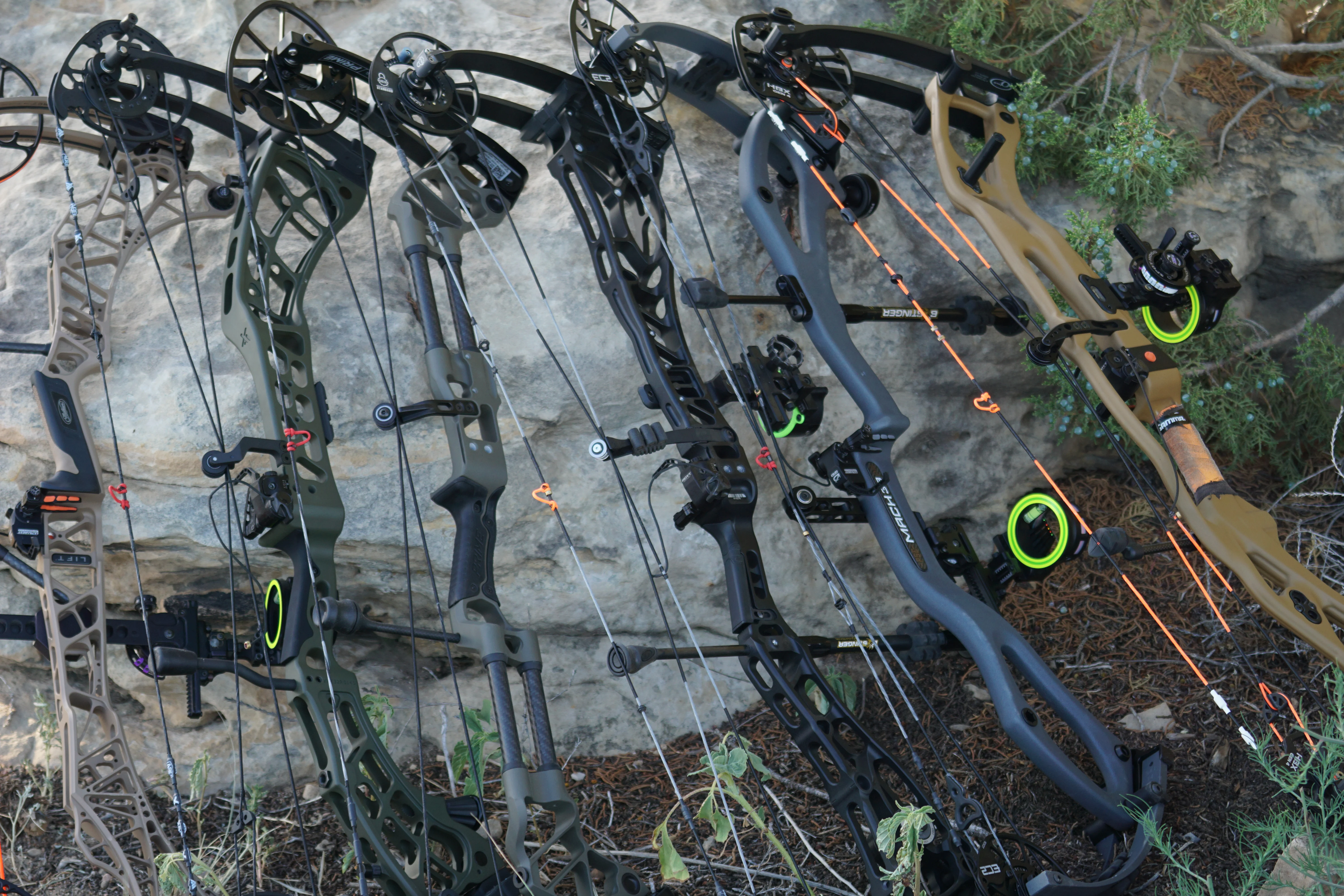 A group of compound bows ready for testing. 