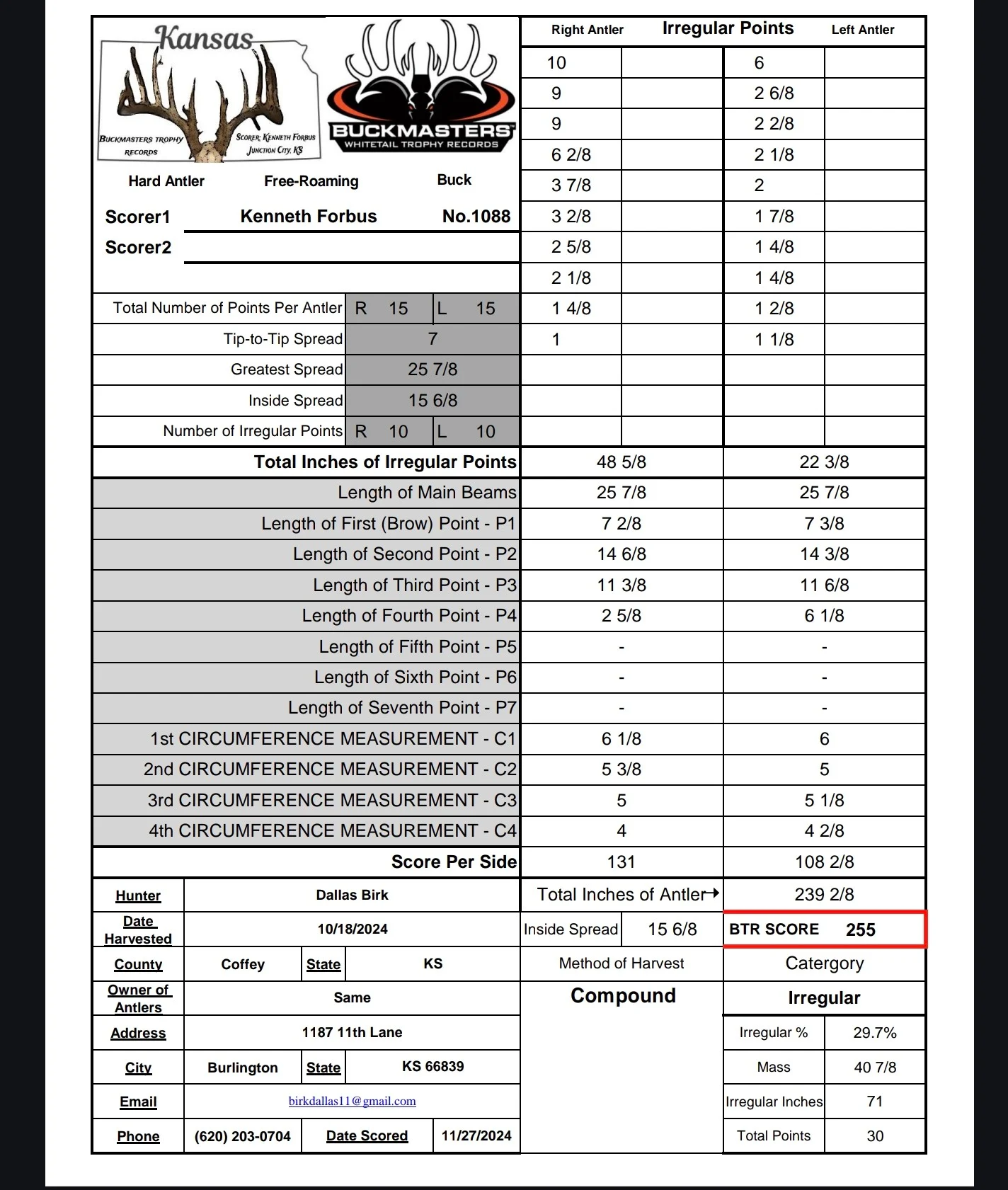 A Buckmasters trophy buck score sheet. 