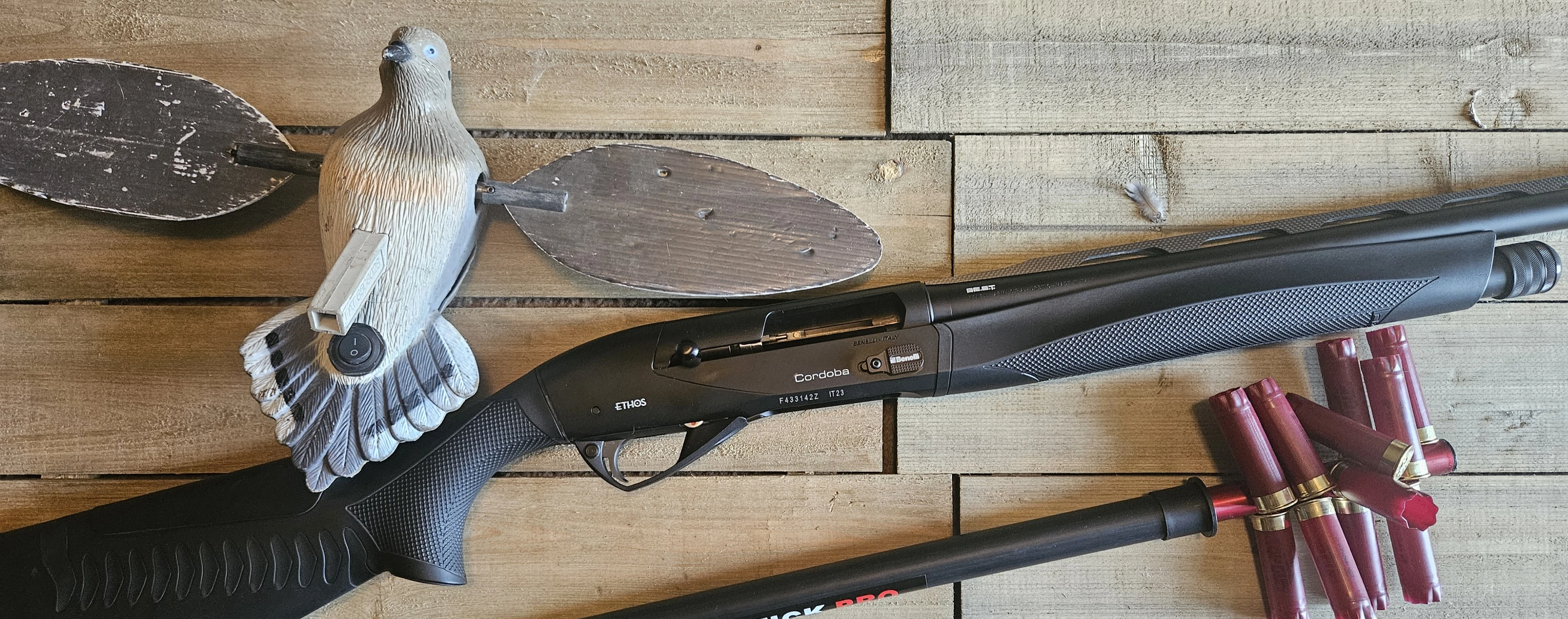 The new Benelli Ethos Cordoba A.I. BE.S.T. on a wood surface with emtpy shotgun shells and a dove decoy.