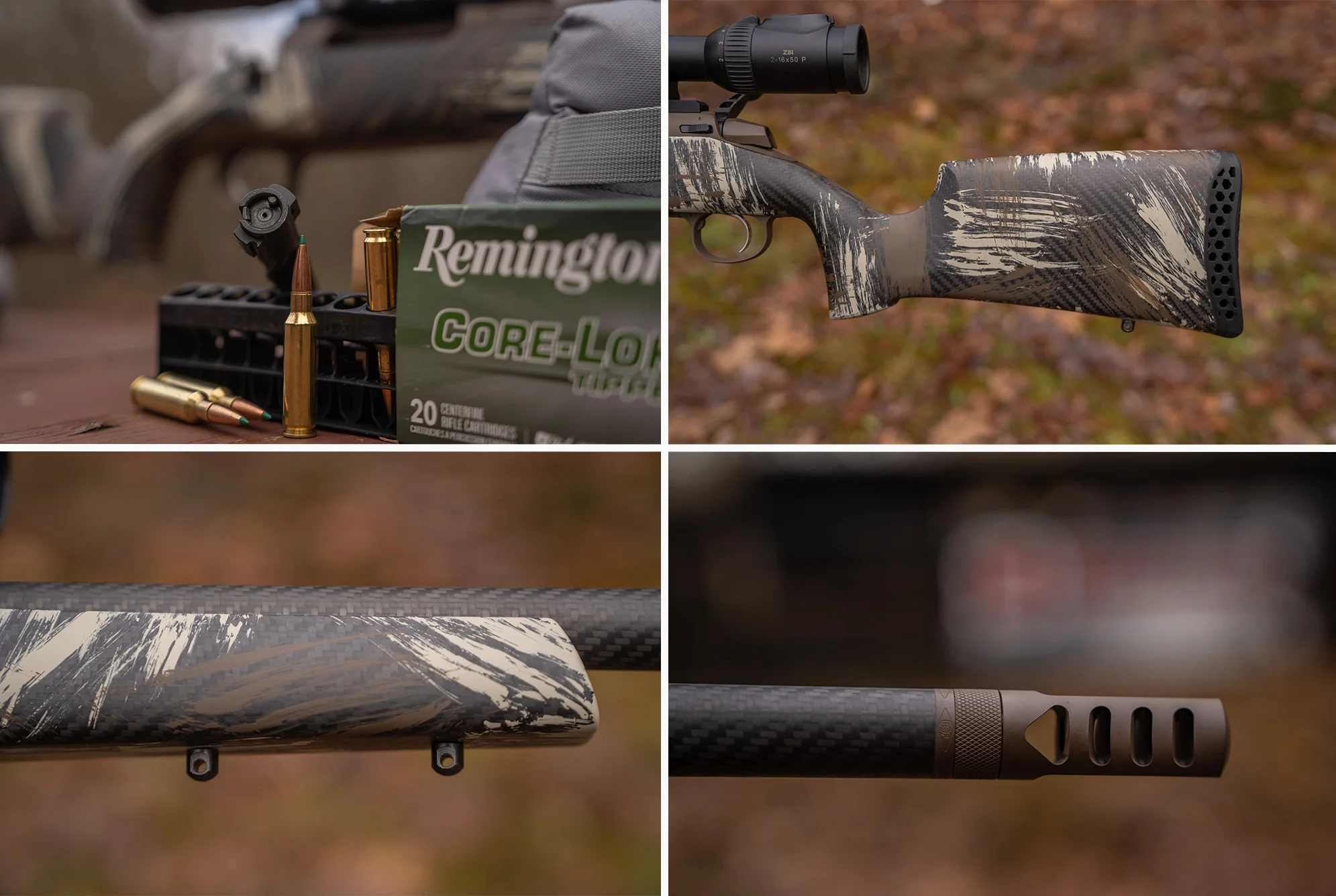 A grip of photos showing a rifles bolt face, raised comb, forend, and muzzle brake.