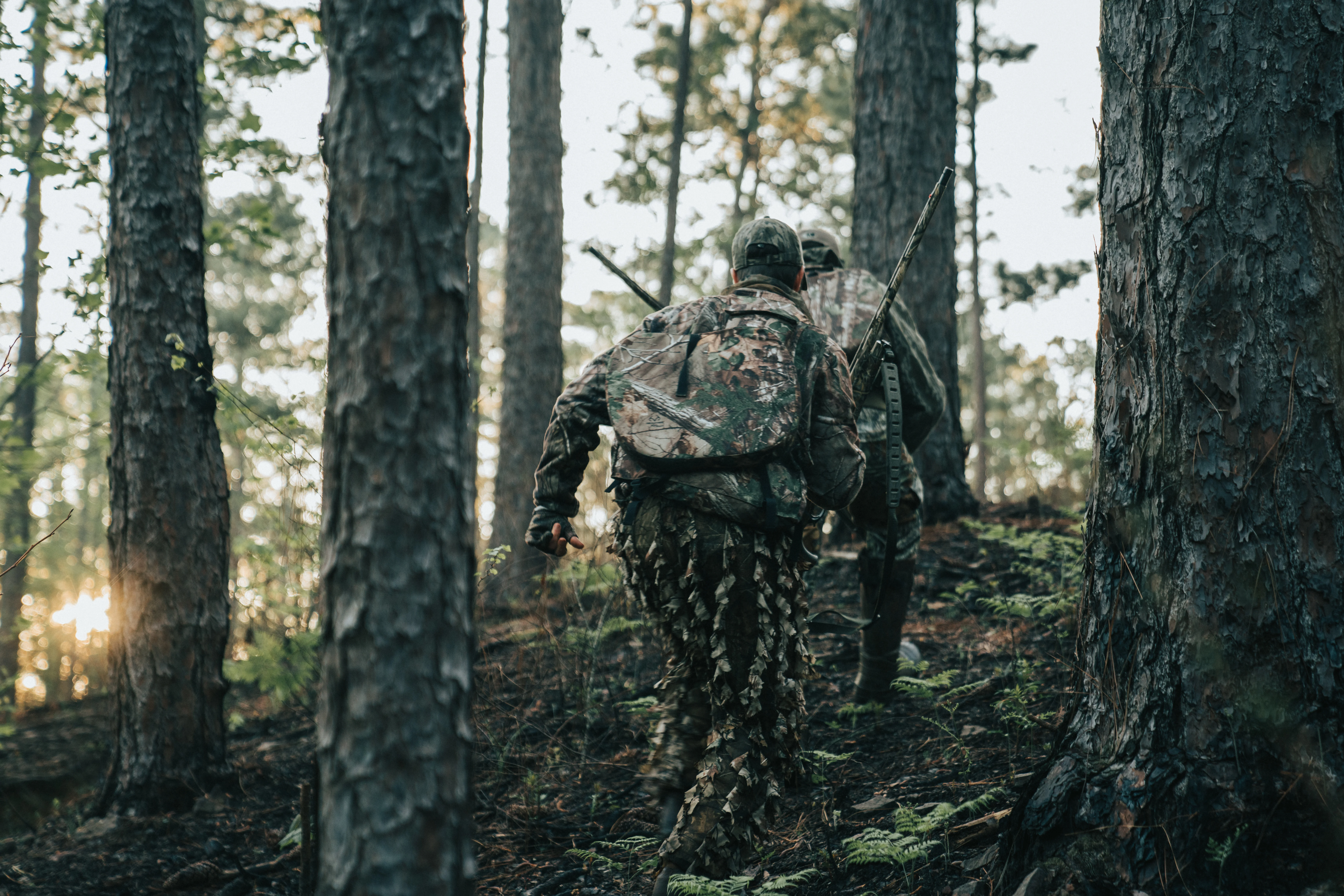 A pair of turkey hunters sneak over a wooded hillside. 