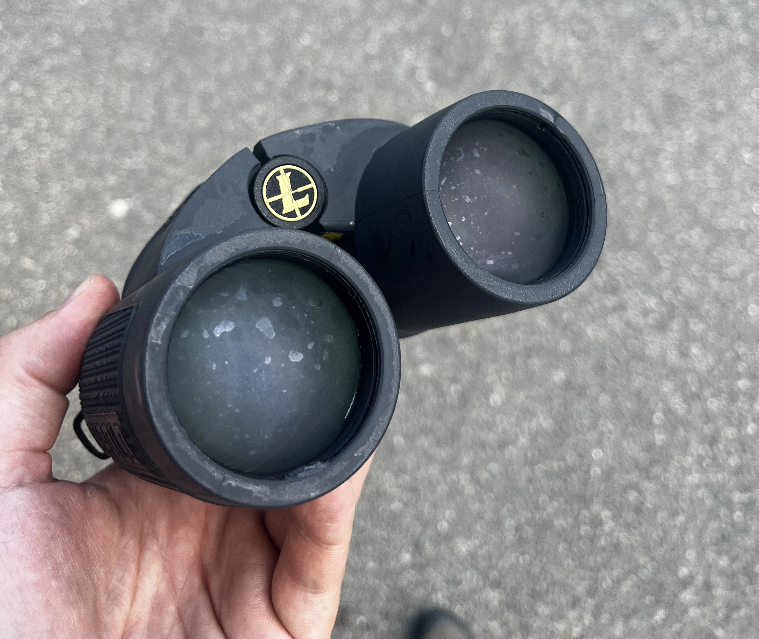 Leupold BX-4 Range HD binoculars with ice and fog on the lenses.