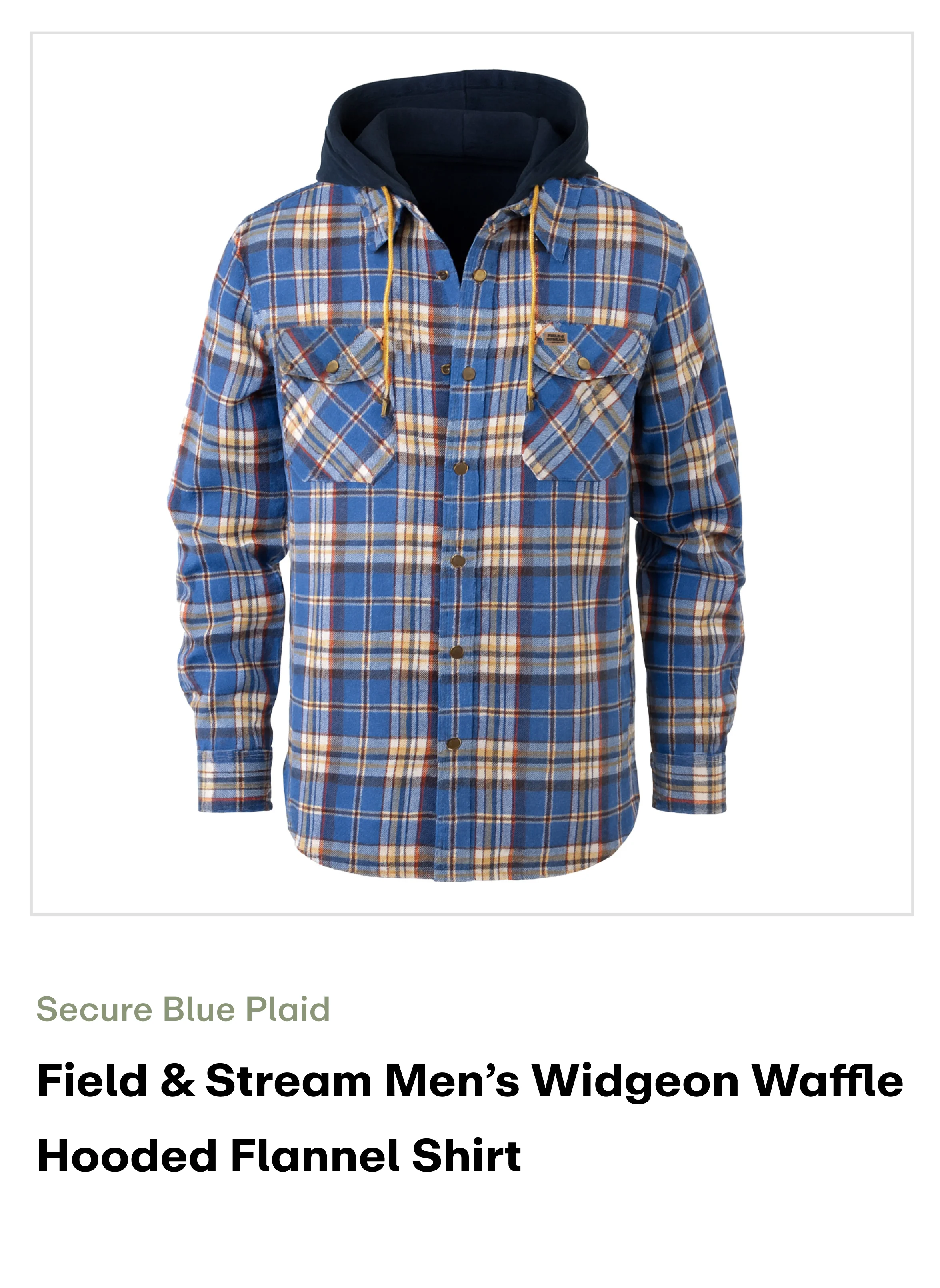 Amazon - Field & Stream Men’s Widgeon Waffle Hooded Flannel Shirt- secure blue plaid