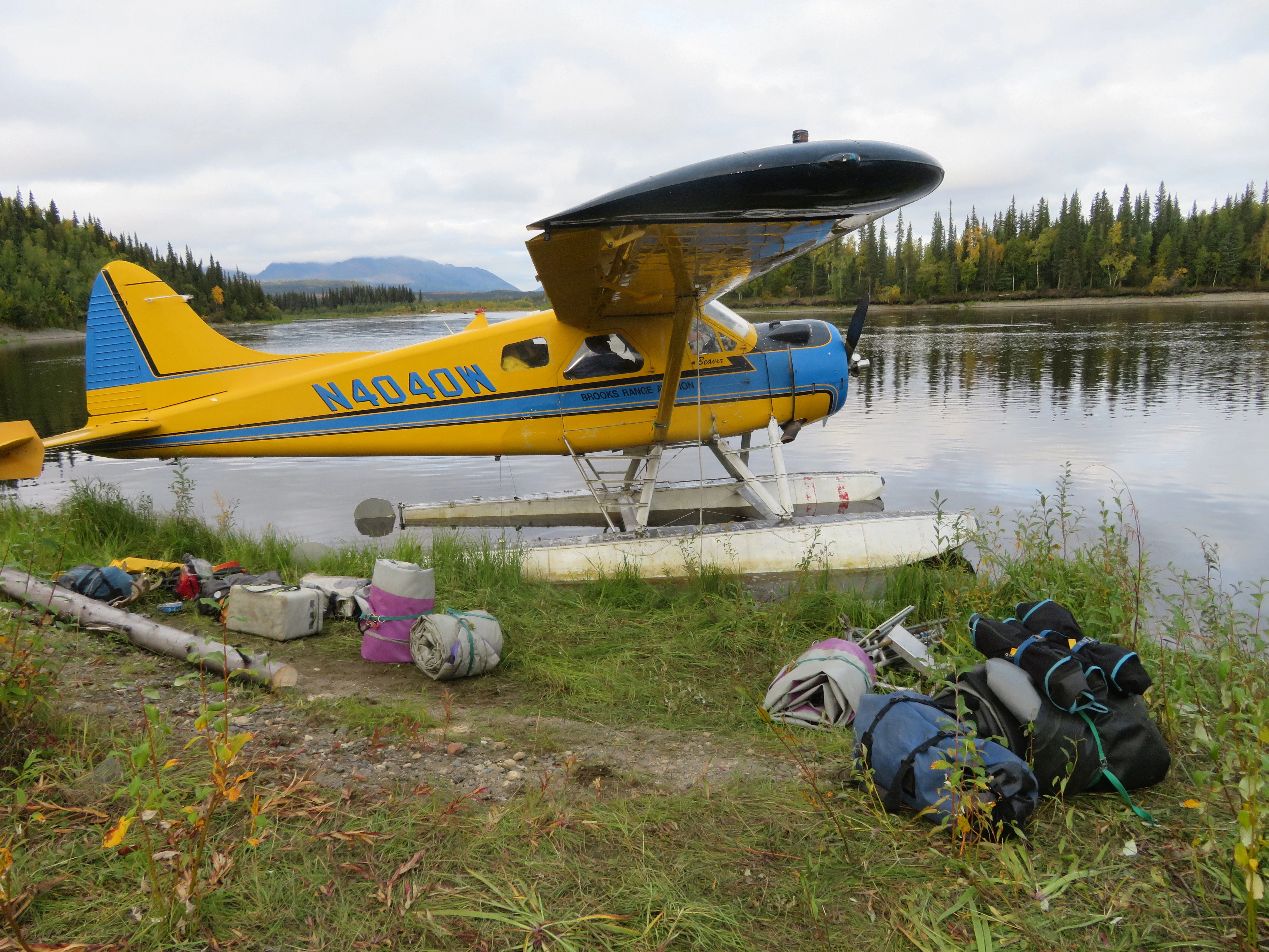 A float plane after landing on the shores of the Kobuk River. 