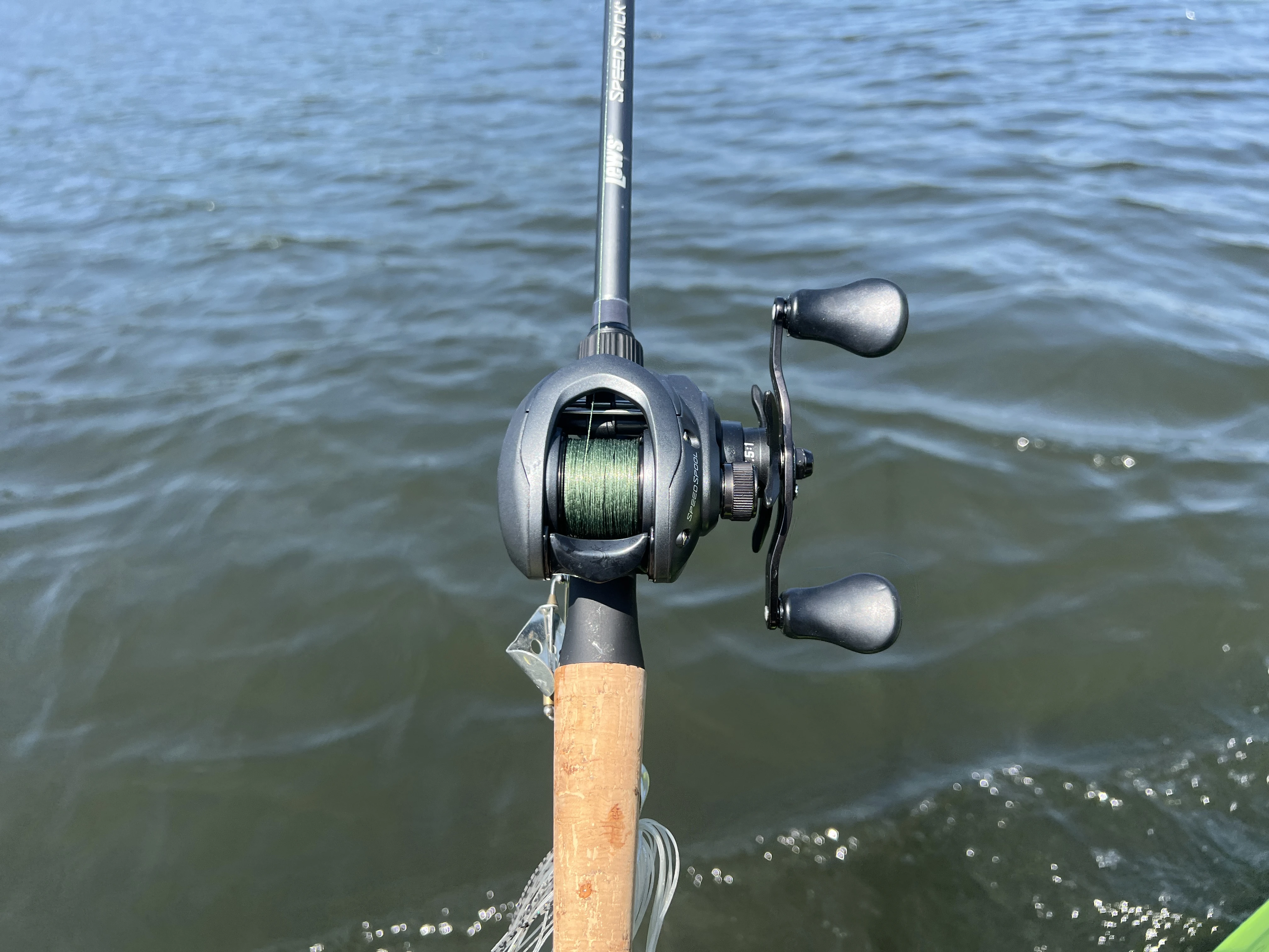 Lew's Speed Spool Gen 3 Casting reel over water.