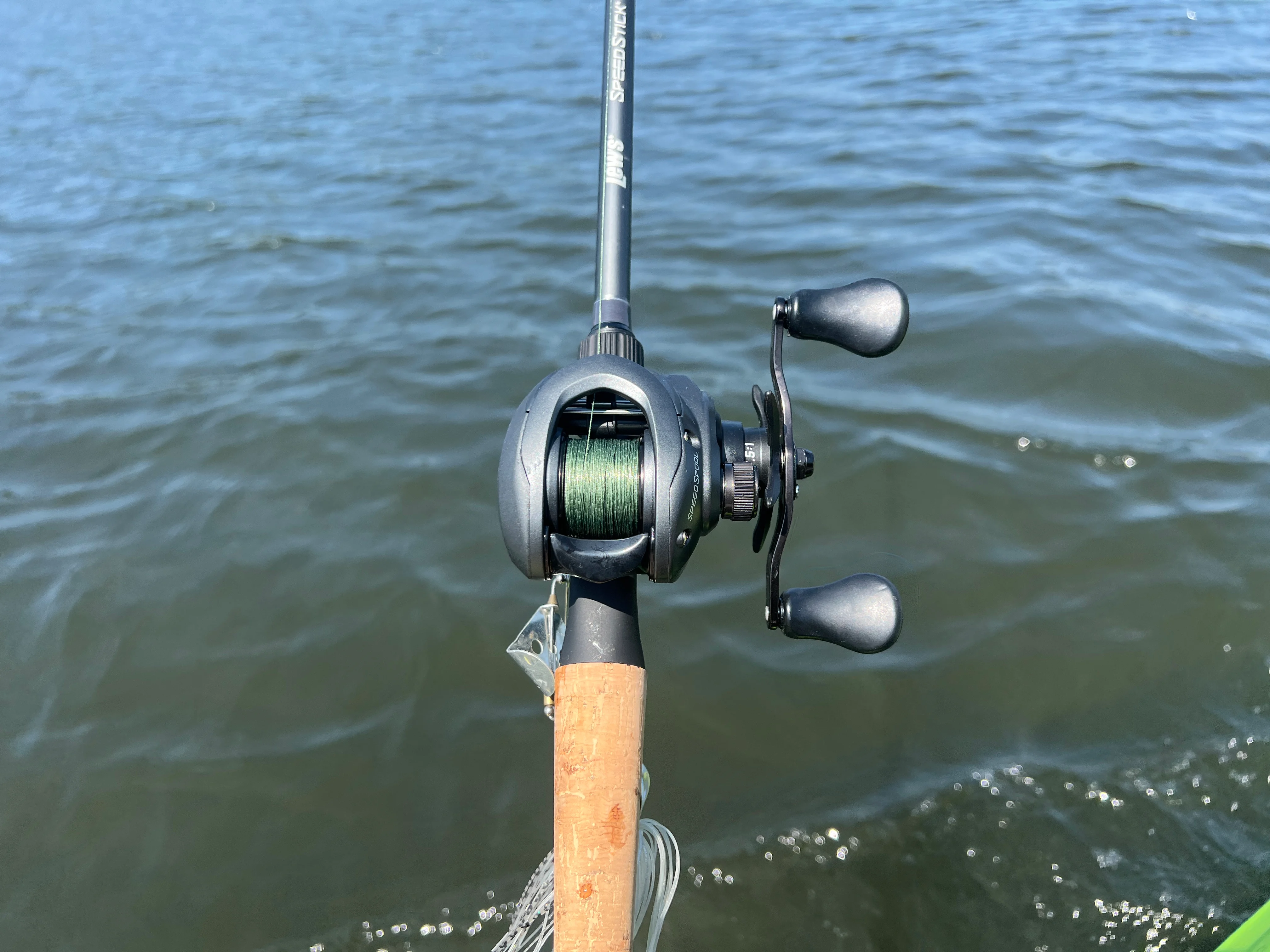 Lew's Speed Spool Gen 3 Casting reel over water.