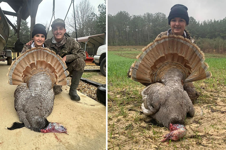 Young girl poses with a rare smoke-phase wild turkey. 