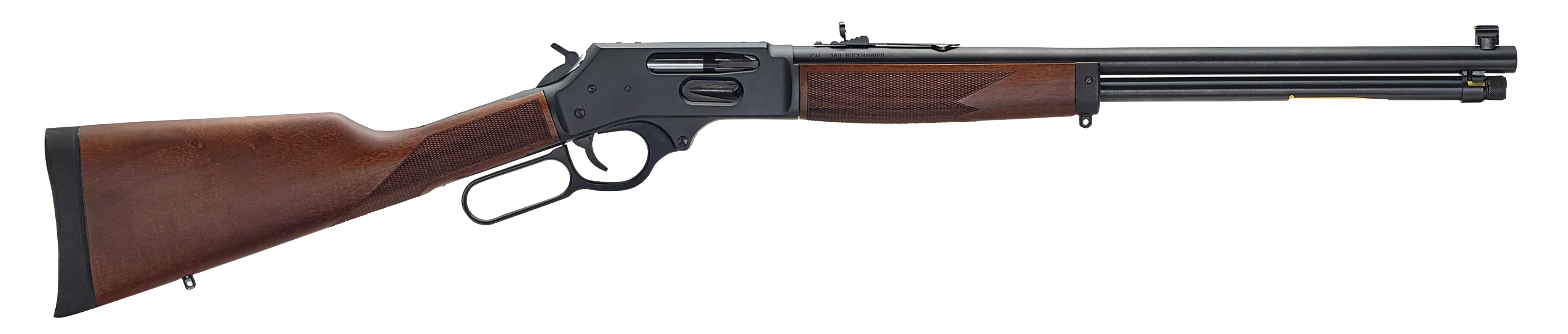 Henry Steel Lever Action rifle on white background. 