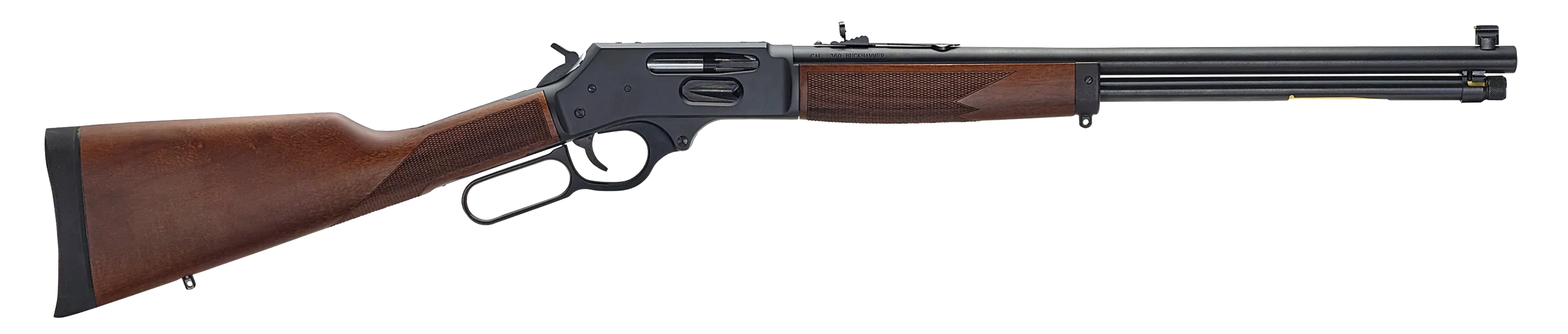 Henry Steel Lever Action rifle on white background. 