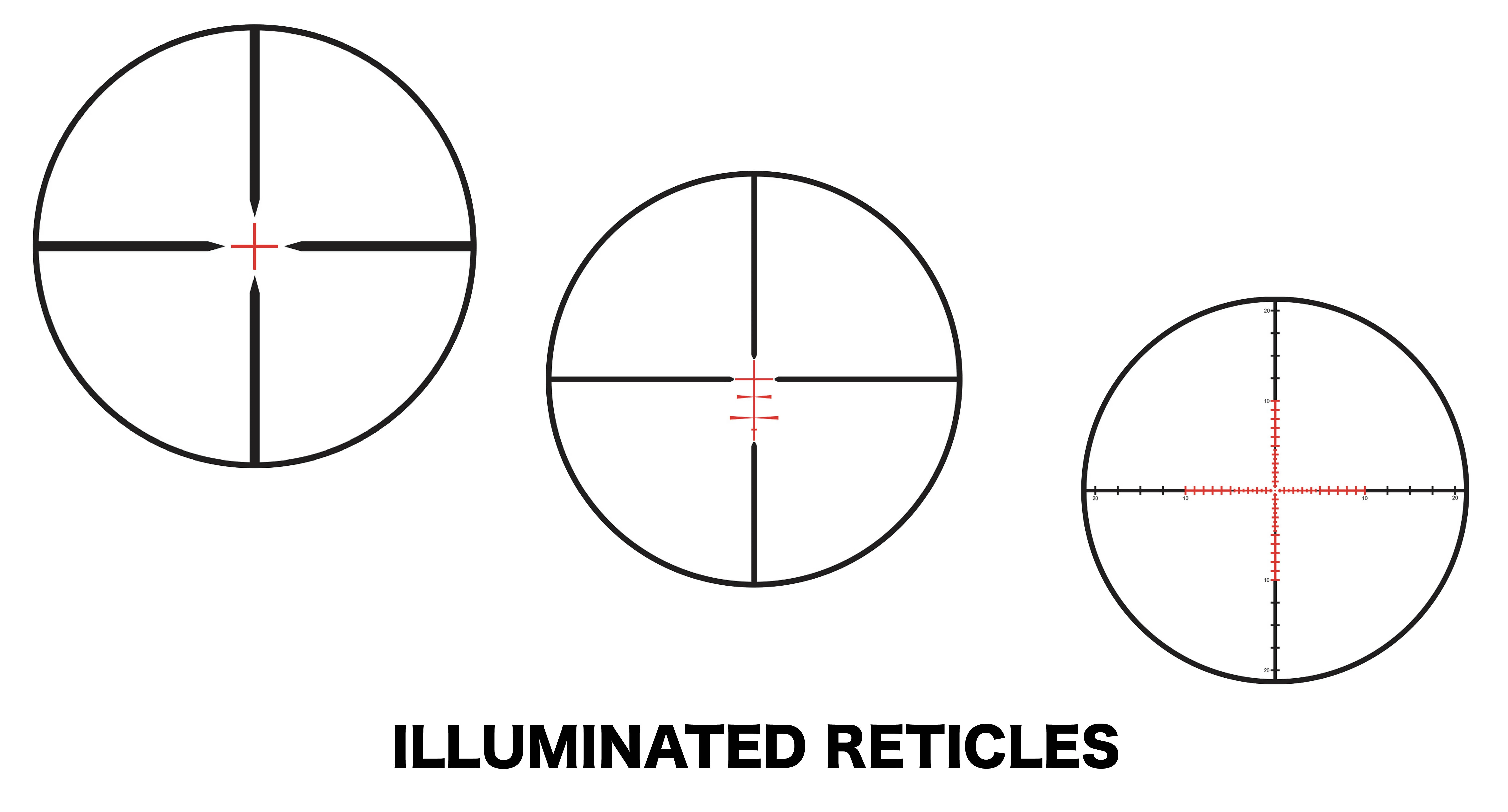 Several examples of illuminated riflescope reticles on white background. 