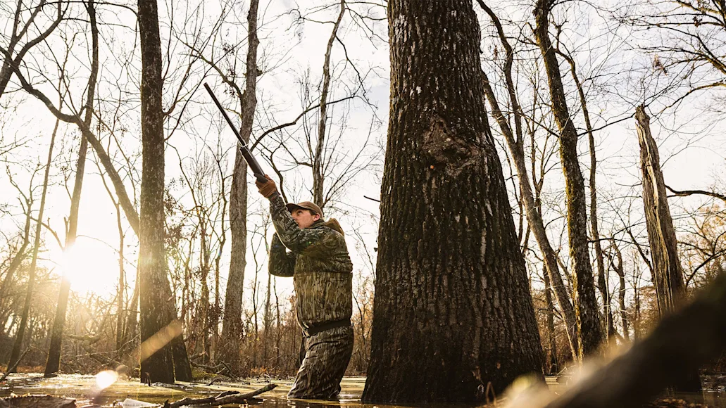 duck hunter standing in flooded timber with his gun pointed toward the sky