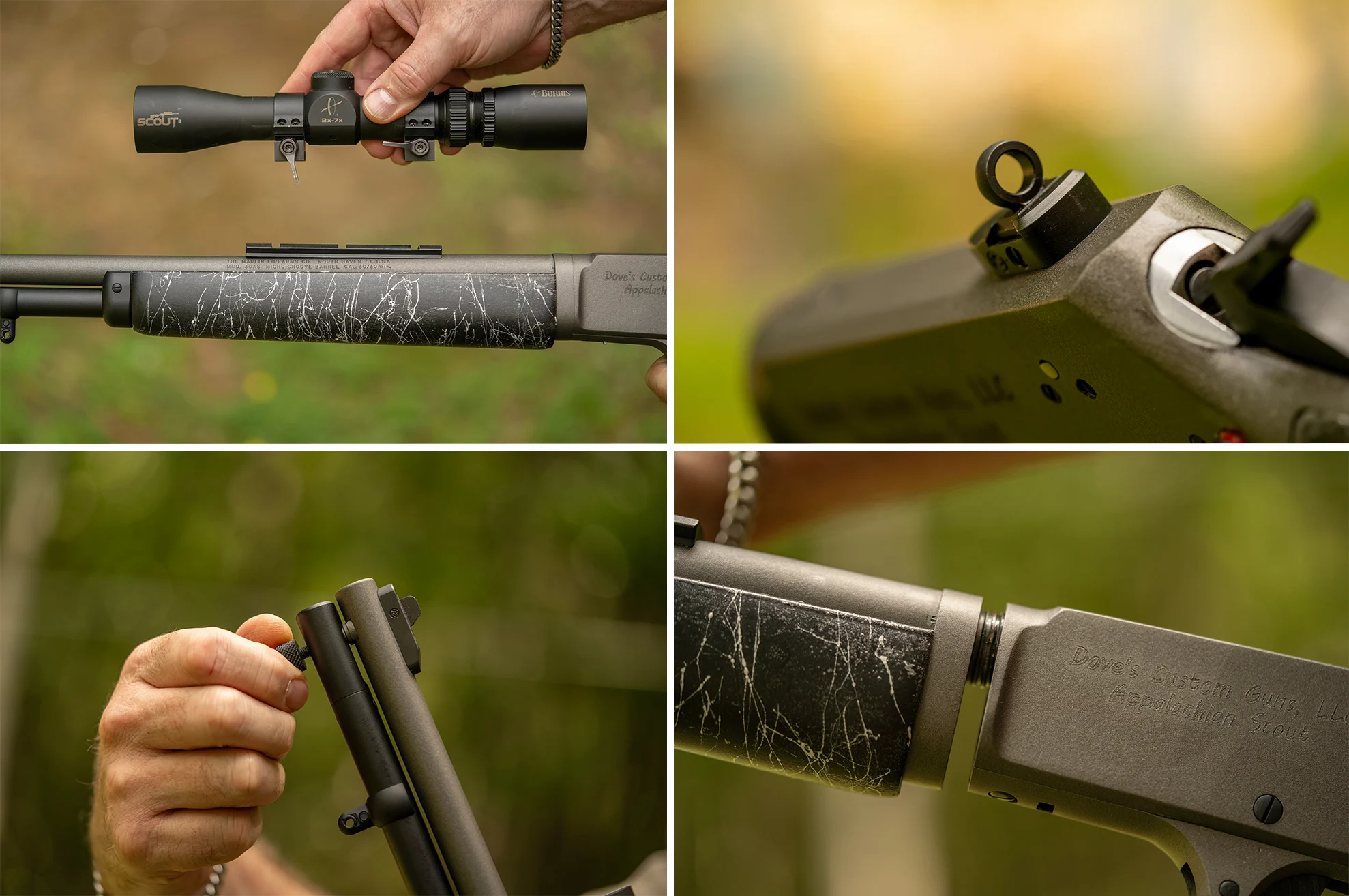 A grid of closeup photos showing the Dove Custom Appalachian Scout's scope rail, rear sight, and take-down screw and barrel threads.