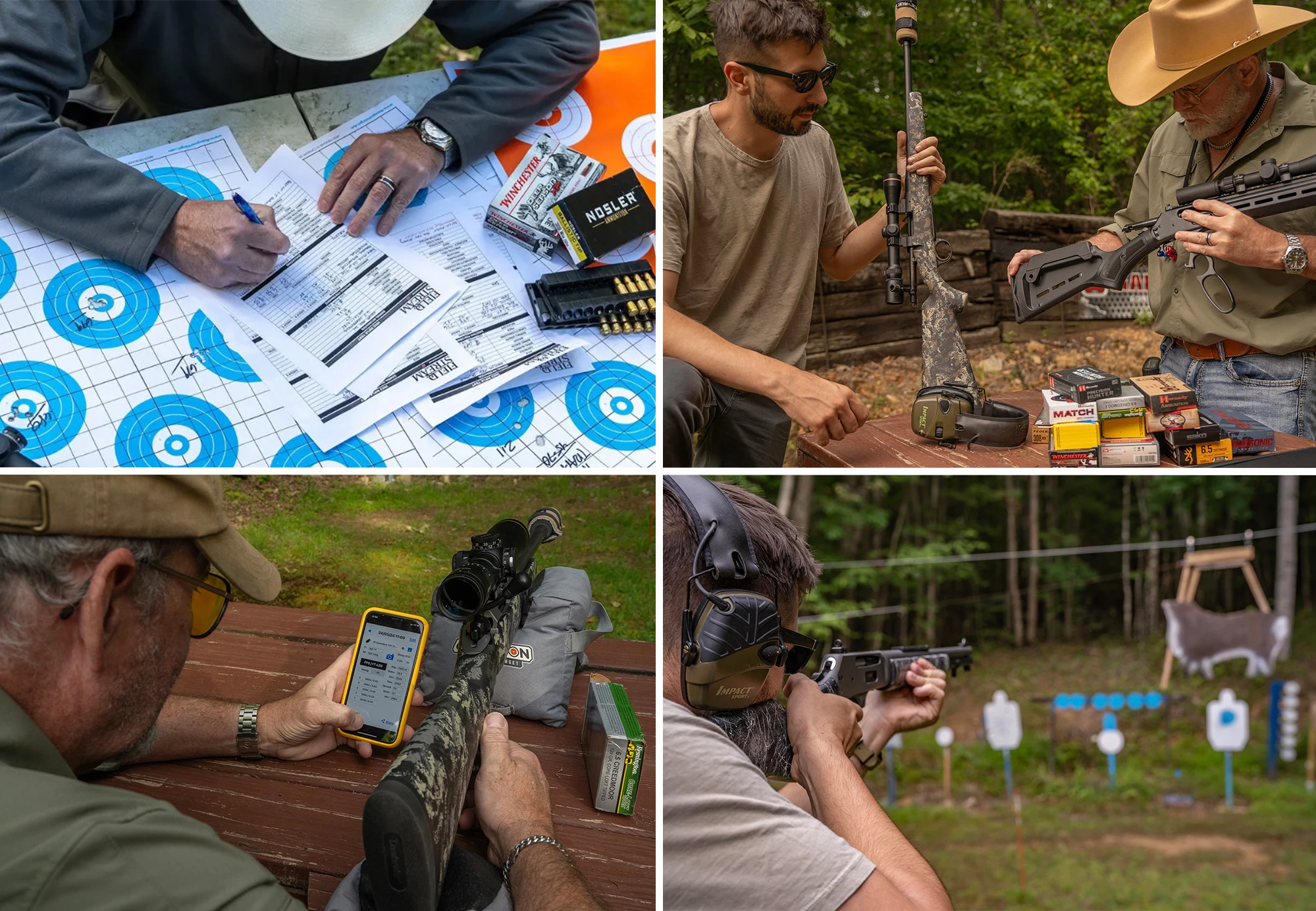 Grid of photos showing rifle testing: measuring groups, evaluating rifles, taking chronograph readings, and shooting at a moving deer target. 