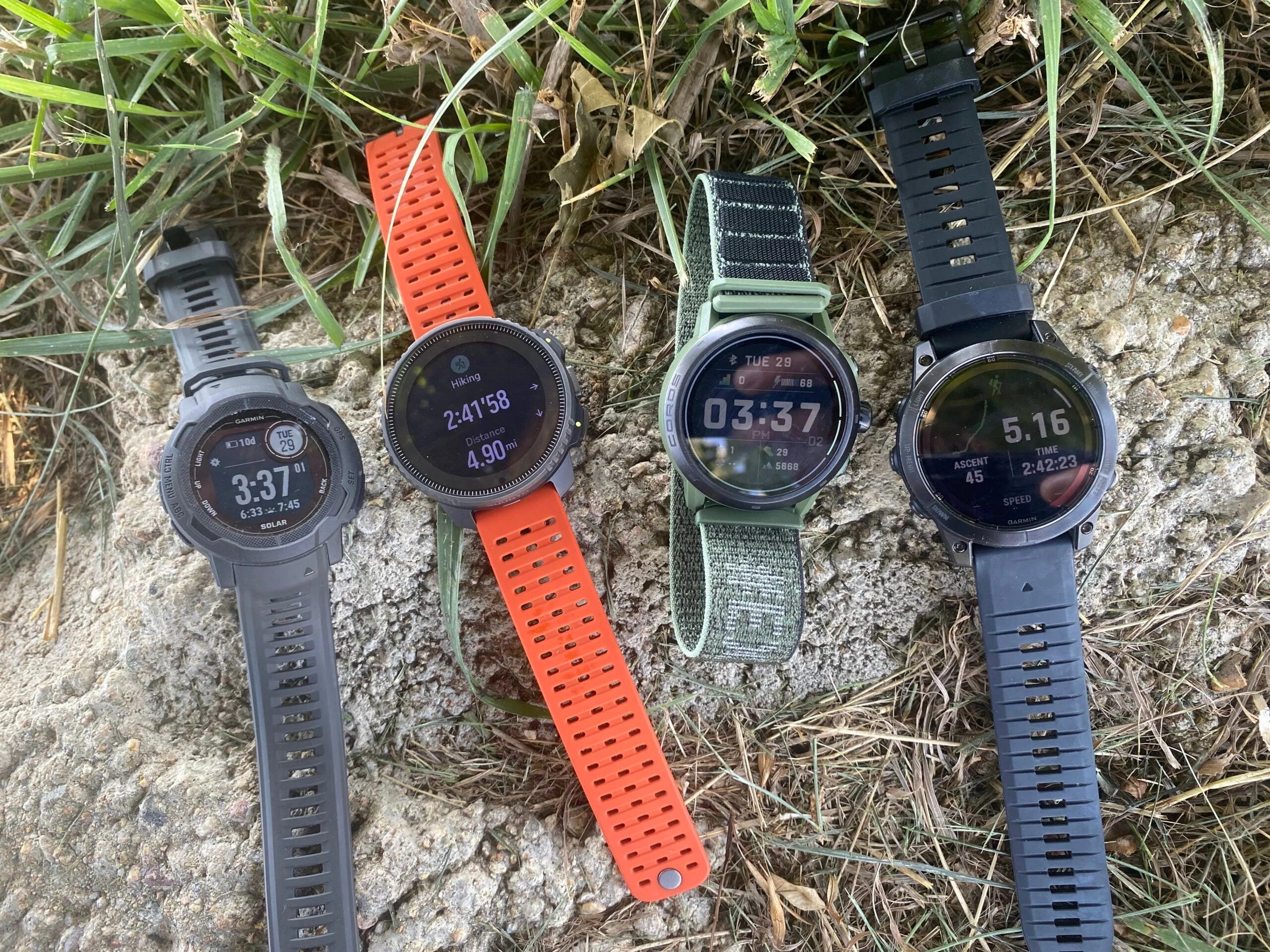 Gps watches for hiking lined up during testing