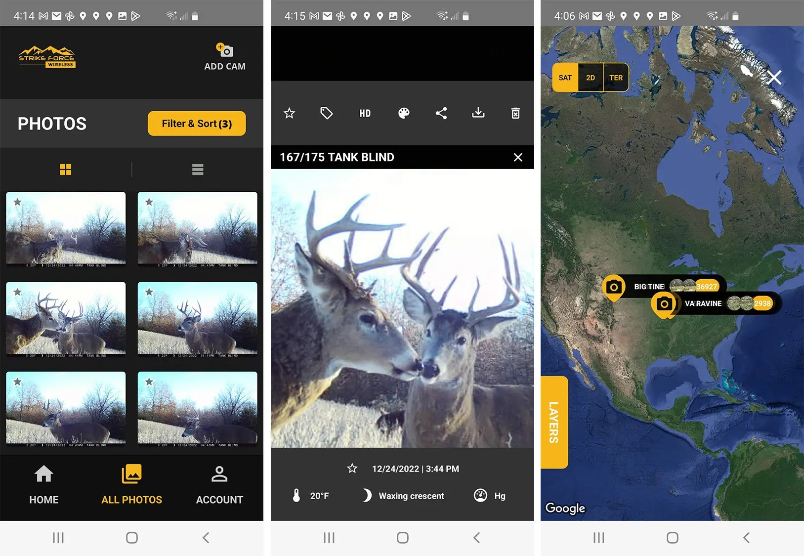 screenshots of the Browning trail camera app