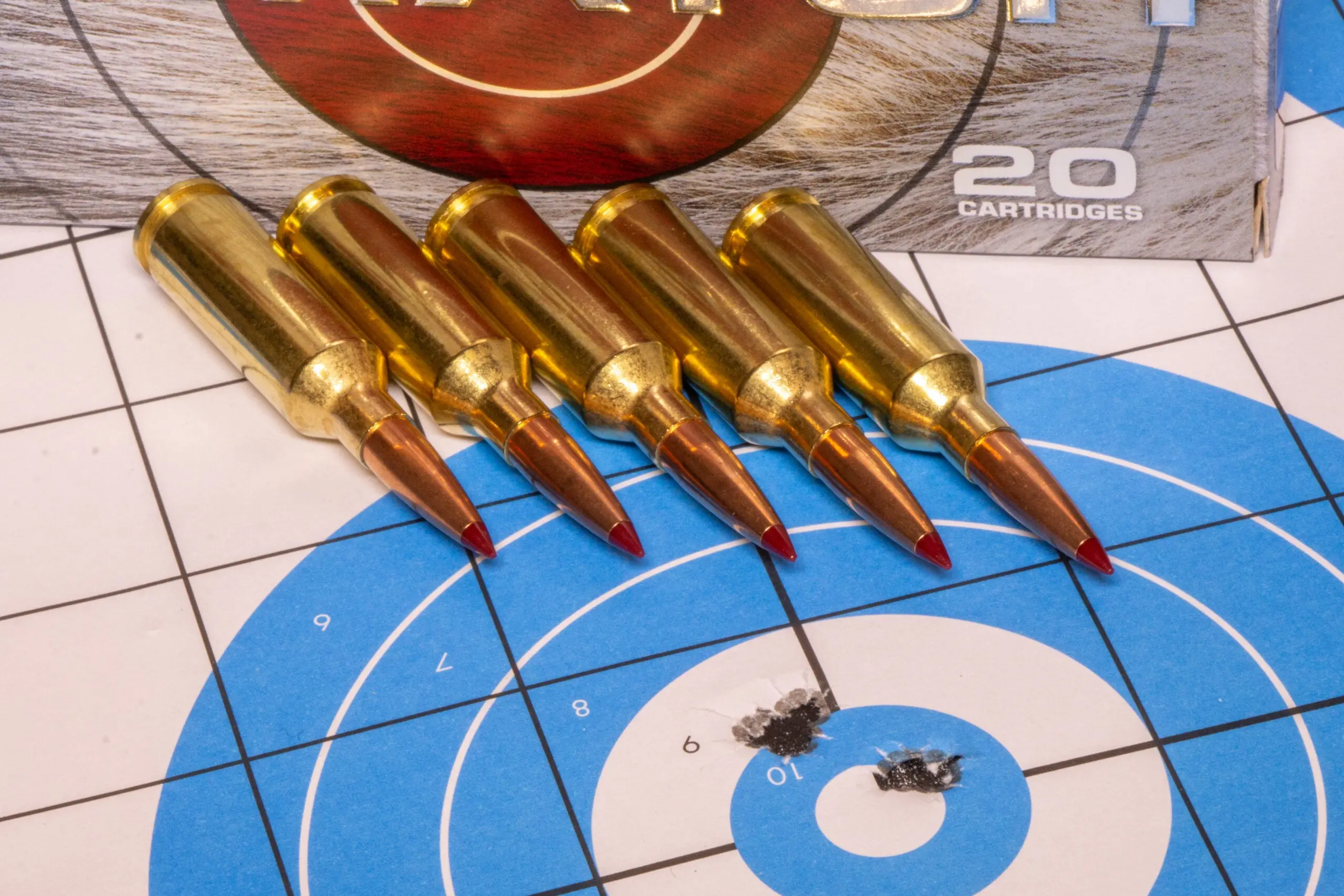 A rifle target showing a tight group of bullet holes, with loose ammo on top.