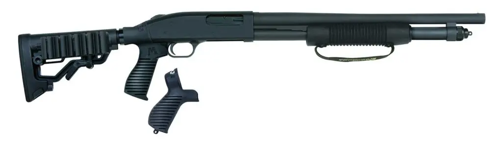 A black mossberg shotgun on a white background.