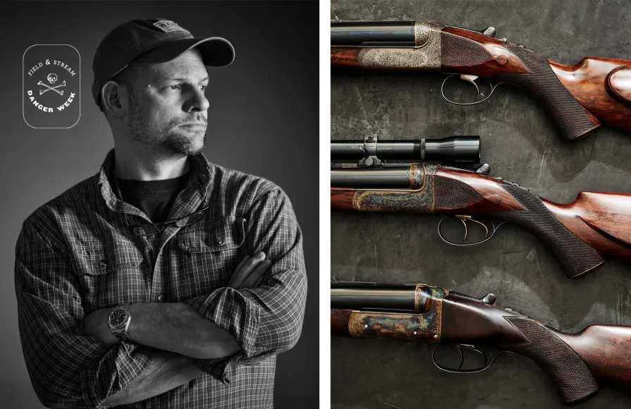 LD McCaa of Westley Richards next to three dangerous game guns.