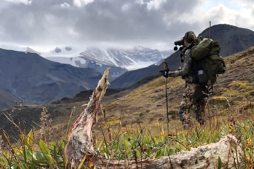 A backcountry hunter glassing above a valley in Alaska.