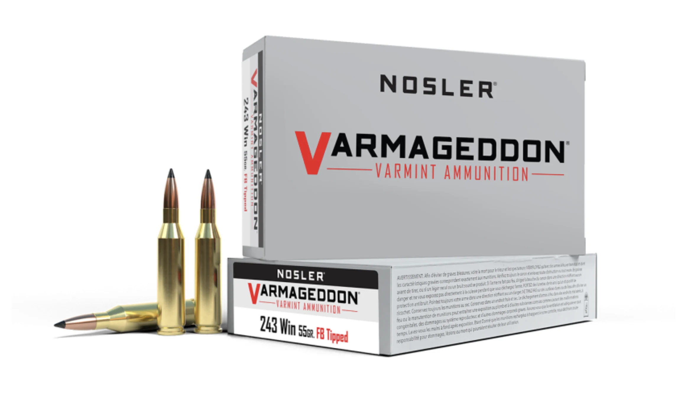 Nosler Varmageddon 243 Winchester ammo on a white background. 