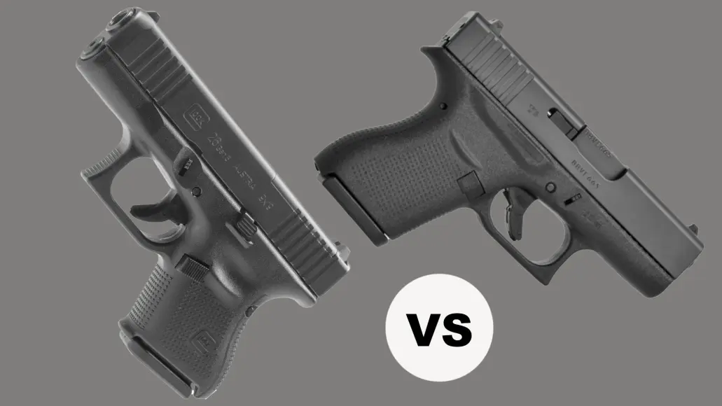 Glock 26 pistol on the left; Glock 43 pistol on the right, both on against a gray backgroudn