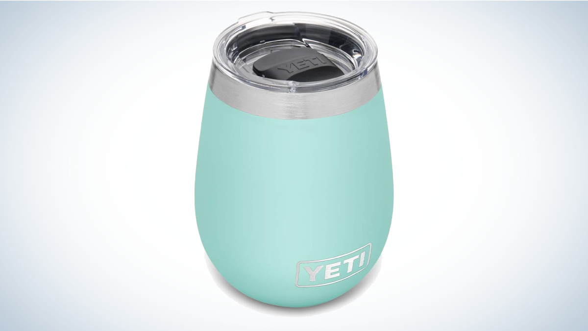 Yeti Rambler Wine Tumbler on gray and white background