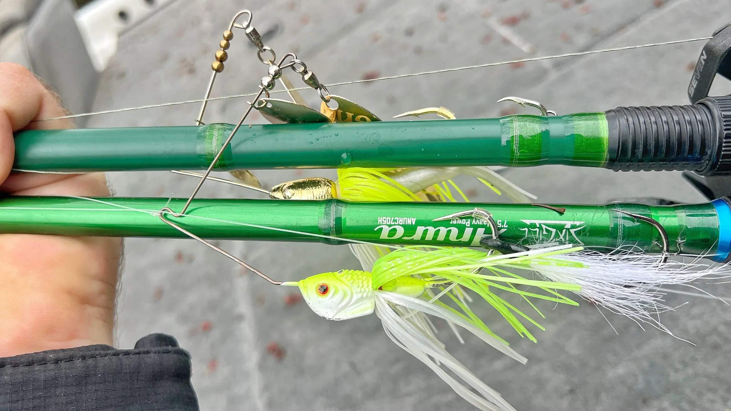 The author's go-to spinnerbaits rigged up.