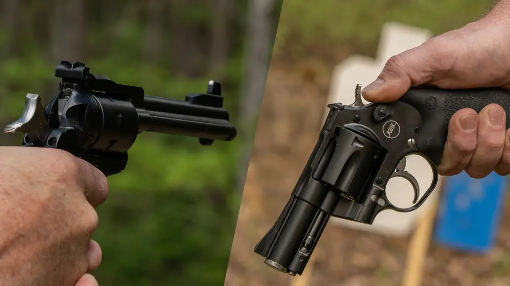 photo of single action revolver on the left and double action on the right