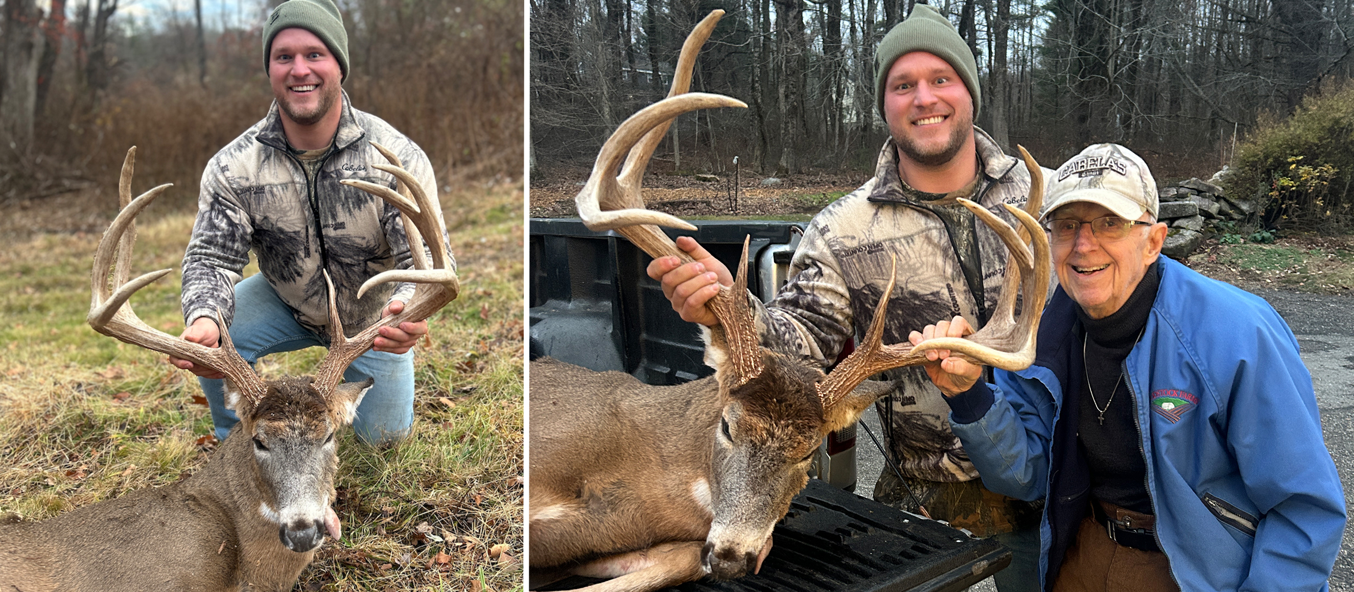 Split photo of a hunter and his dad posing with a trophy whitetail buck.