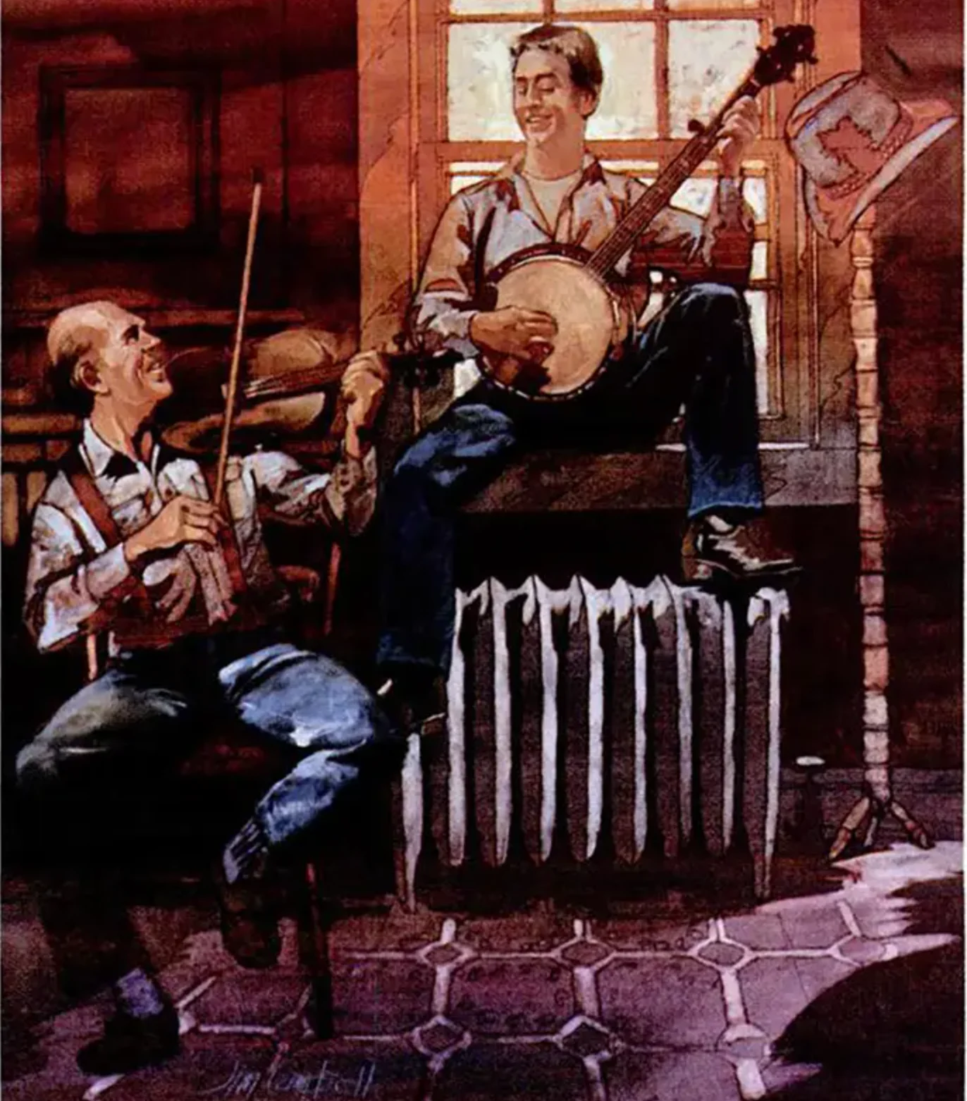 Illustration of a man playing a fiddle and a boy playing a banjo in an apartment