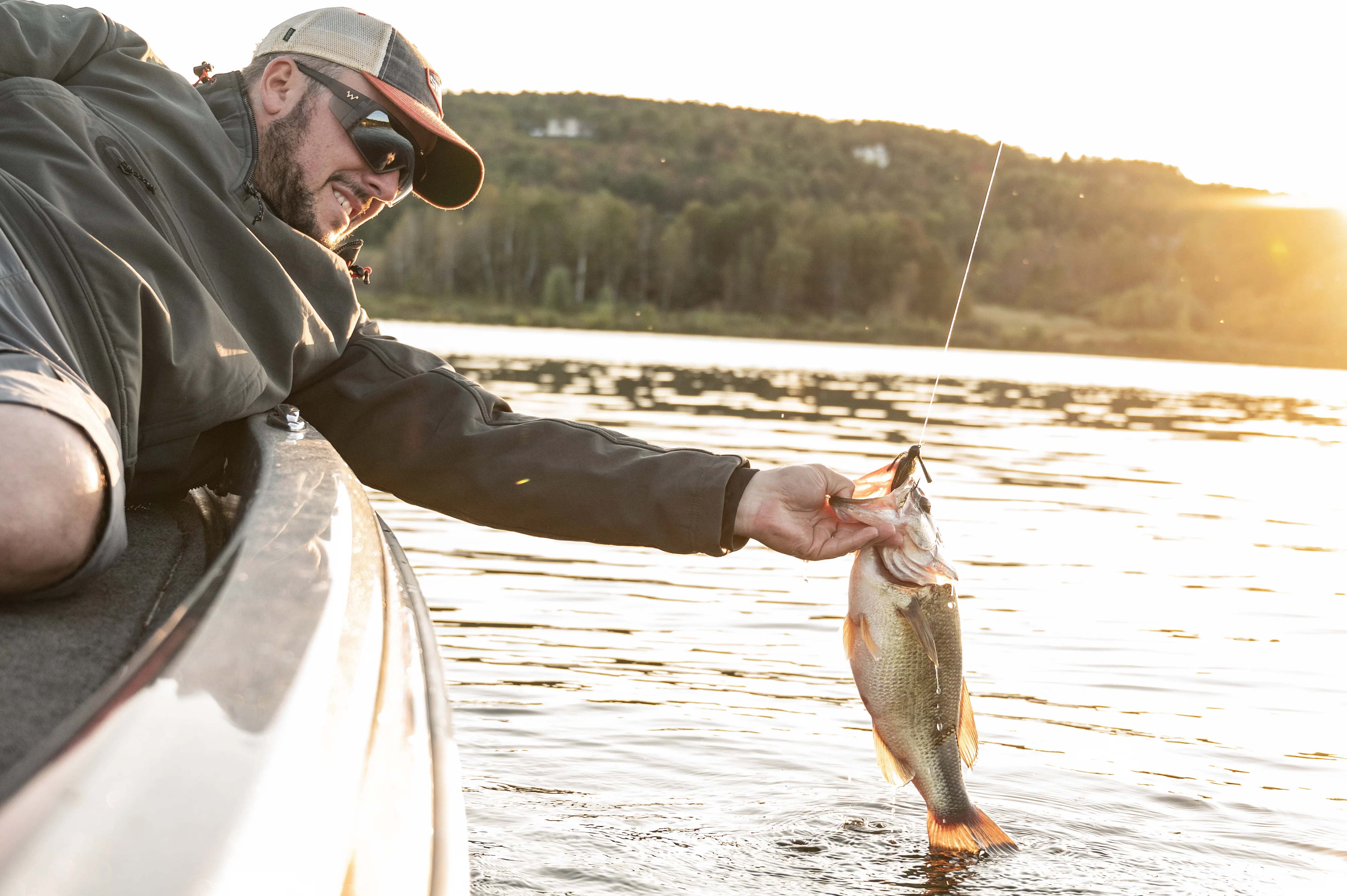 Angler landing a bass on the side of a boat