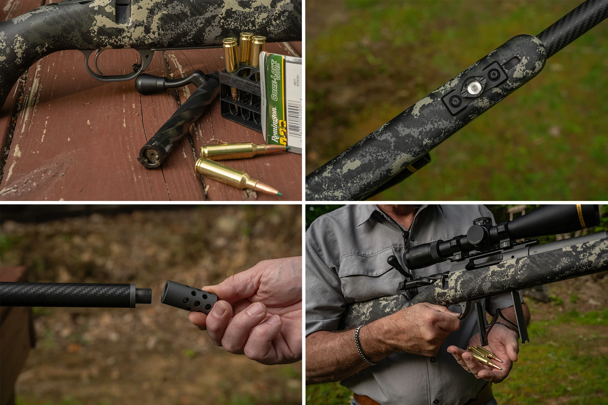 Grid of close-up photo showing the Springfield Armory Model 2020 Boundary's bolt, bipod attachment, muzzle brake, and hinged floor plate.