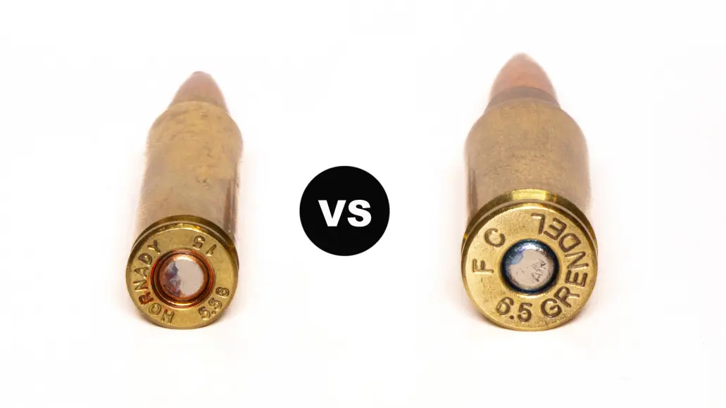 5.56 NATO cartridge on left and 6.5 Grendel on right against white background