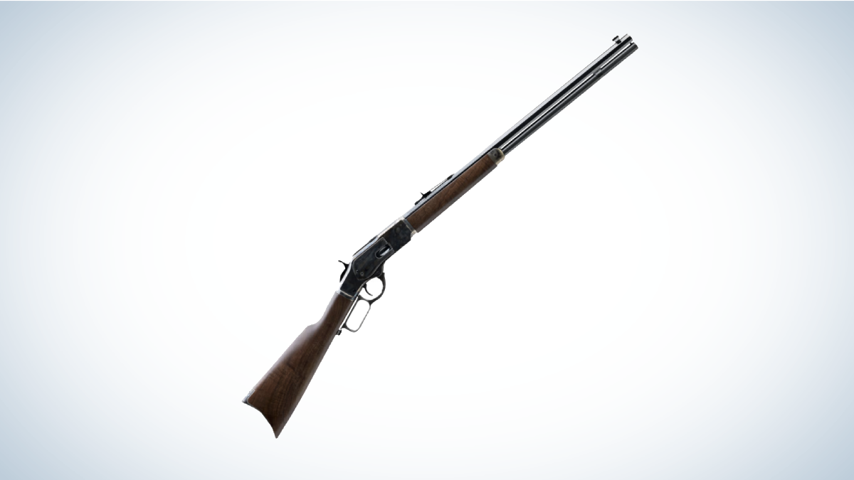 Winchester 1873 Sporter Octagon Lever-Action Rifle on gray and white background